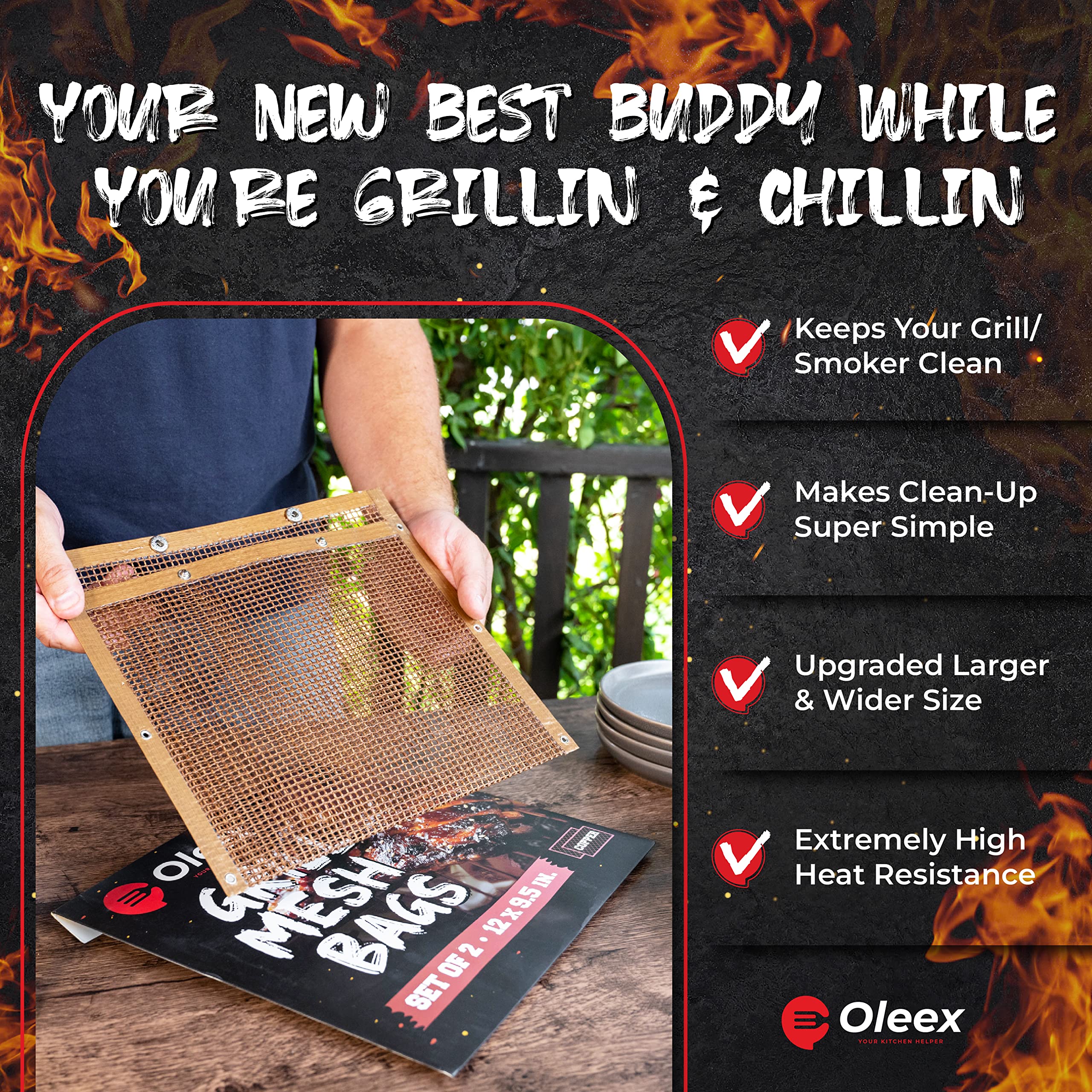 Two OLEEX BBQ Grilling Bags and basting brush on a countertop