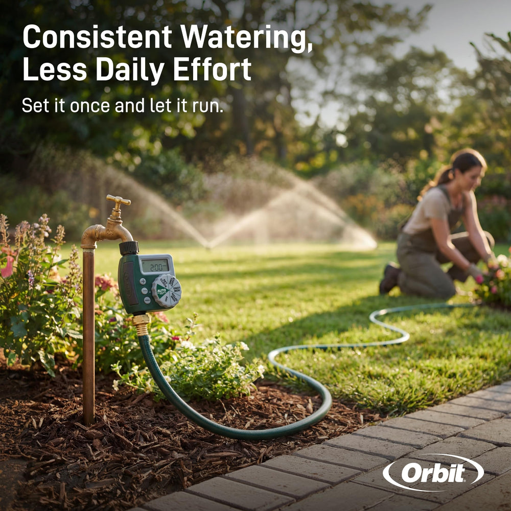 Two Orbit Hose Watering Timers arranged together for display