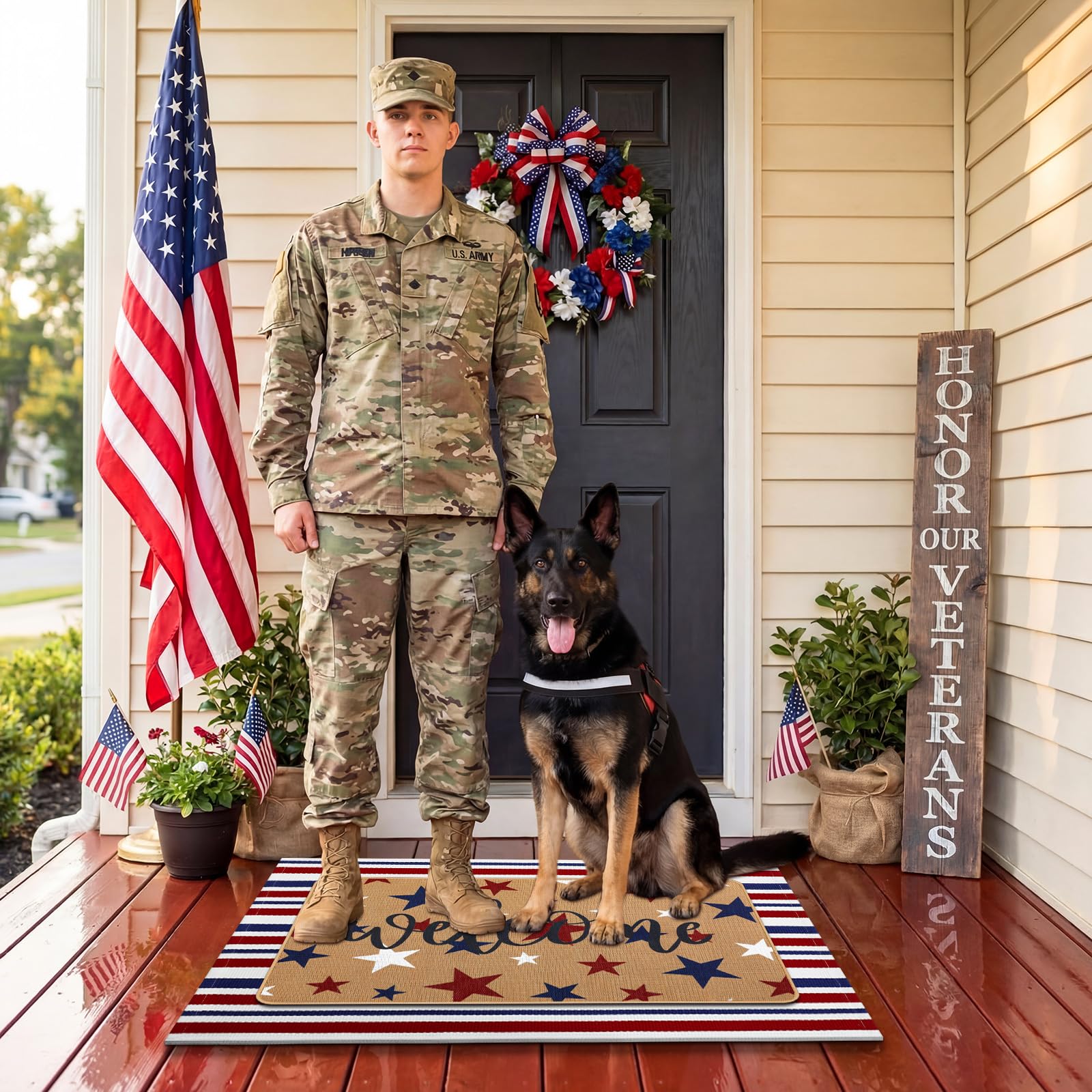 Two-piece set of patriotic door mats displayed outdoors