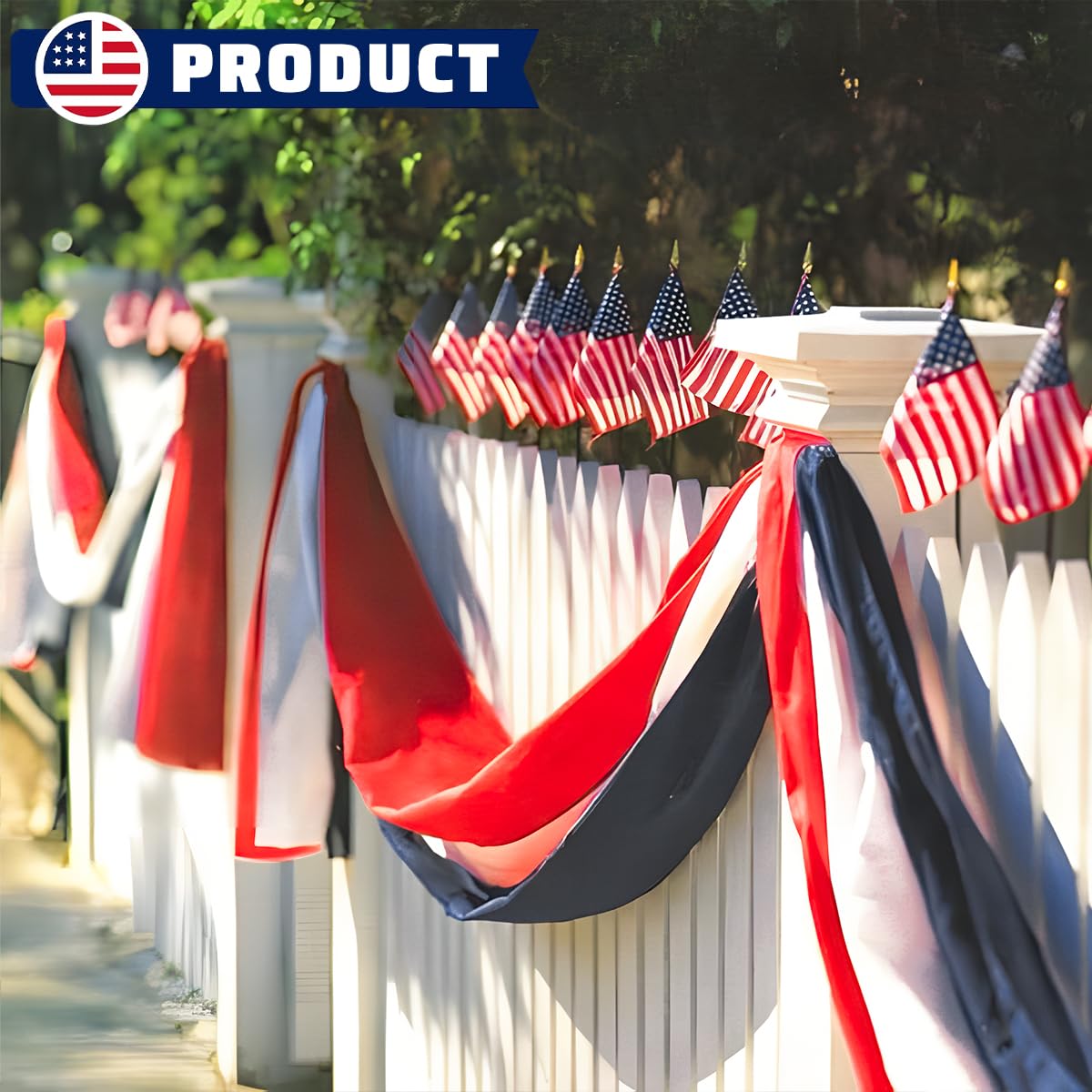 Two pieces of 20 ft American Flag Bunting displayed outdoors