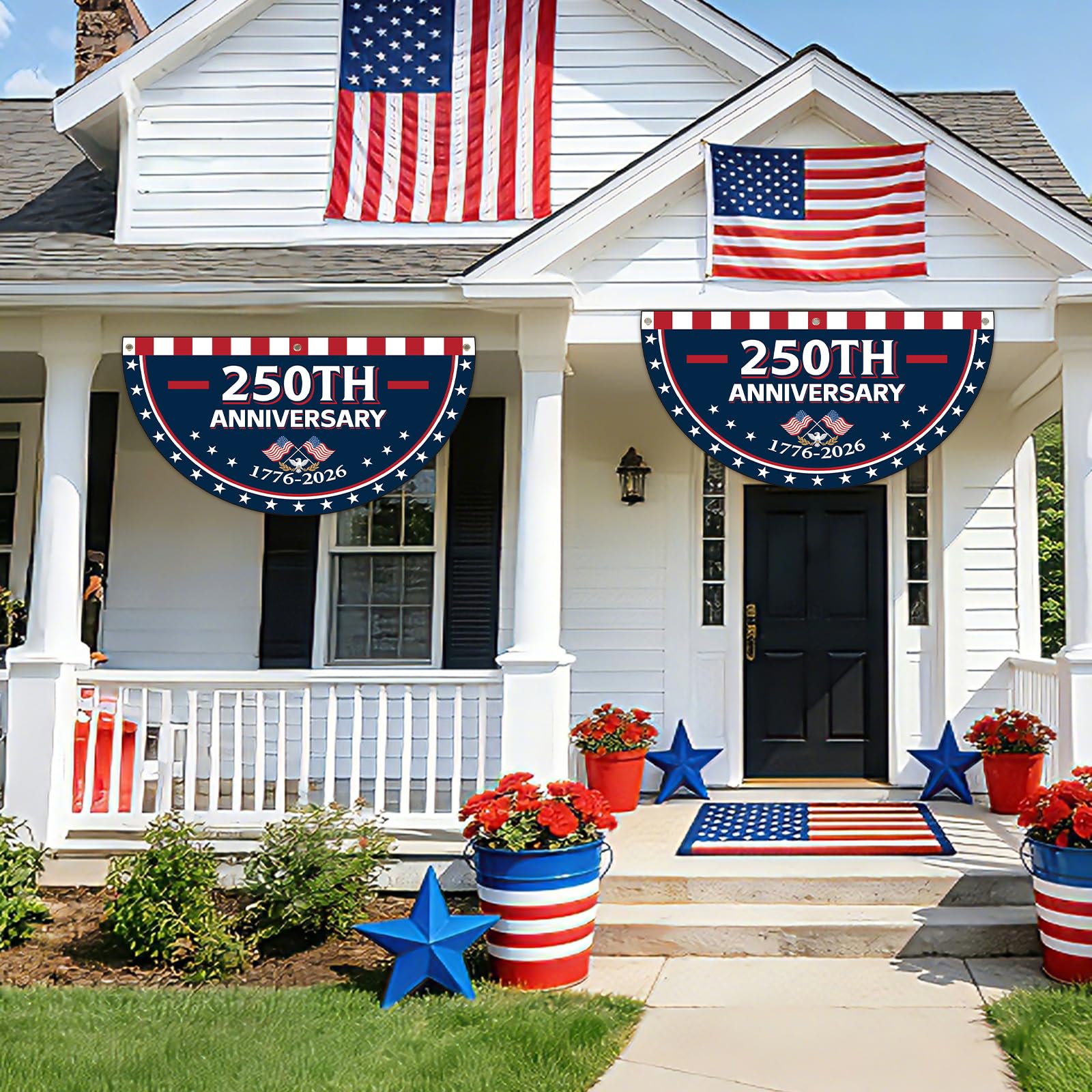 two pieces of USA Flag Bunting hanging outdoors