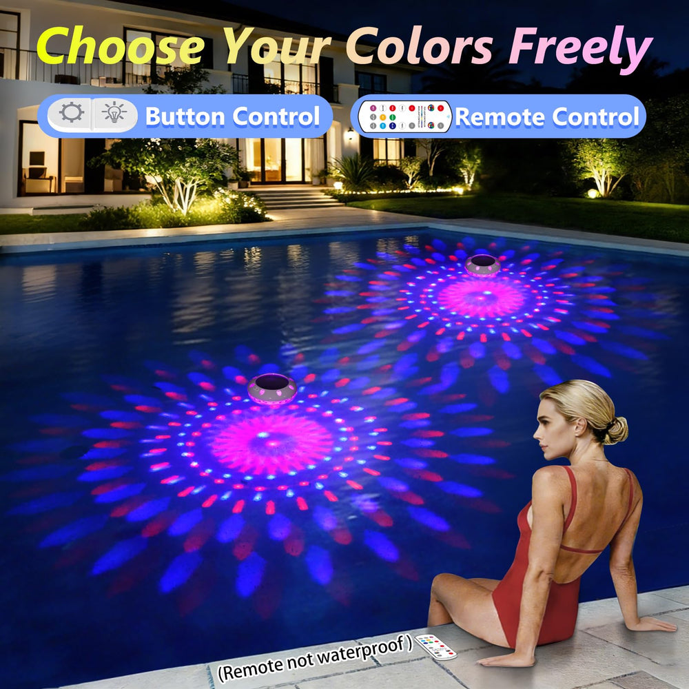 Two Pooldecor Floating Pool Lights illuminating a night pool party