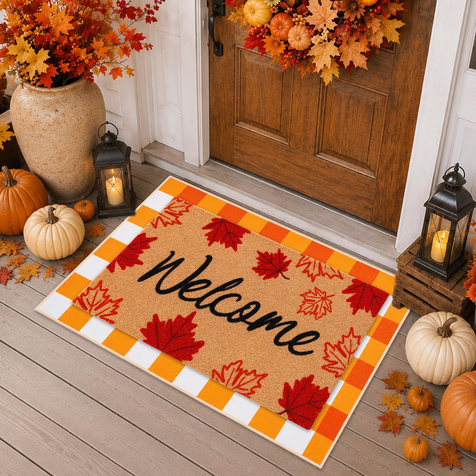 Two Prewplam doormats displayed at a front entrance