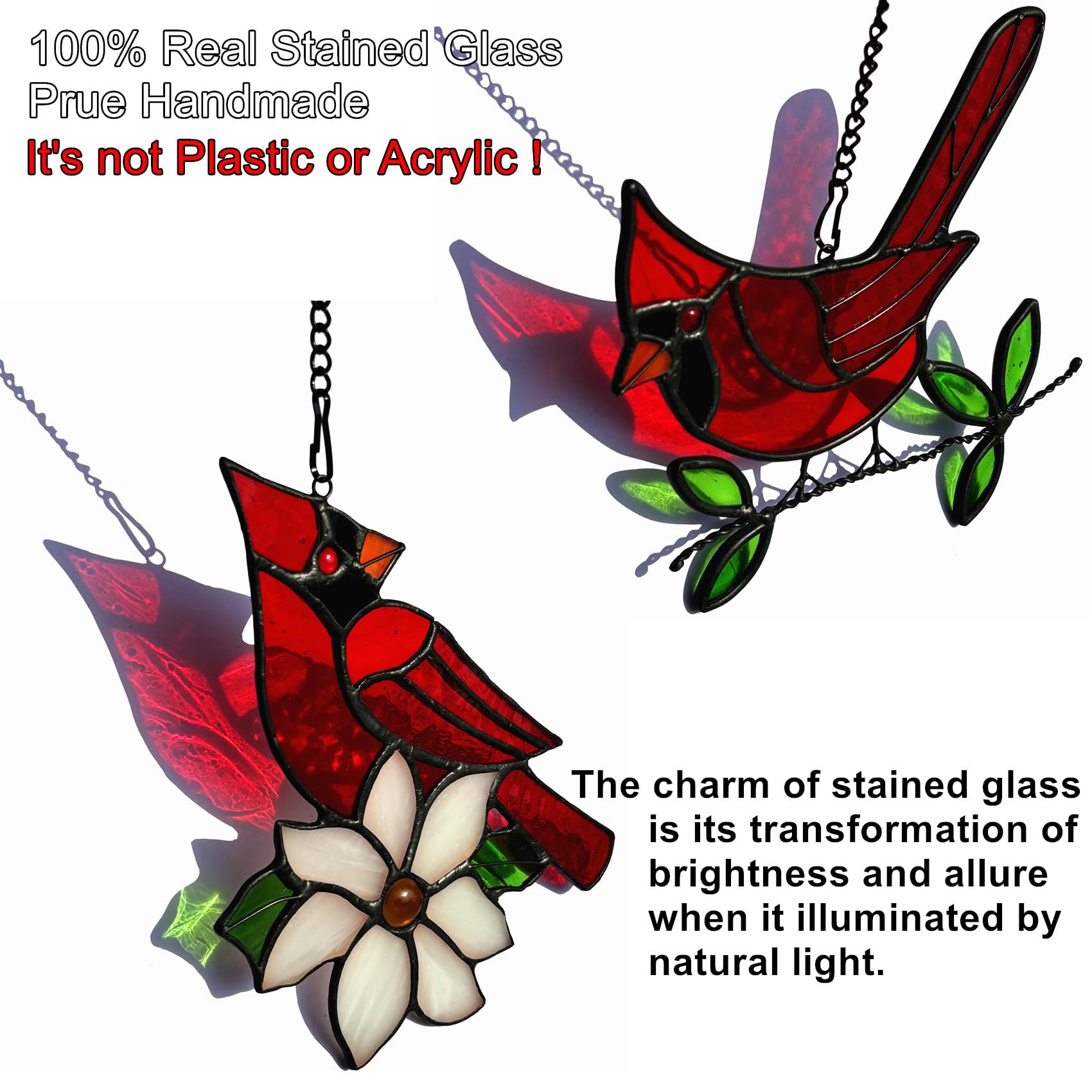 Two red cardinal suncatchers displayed together