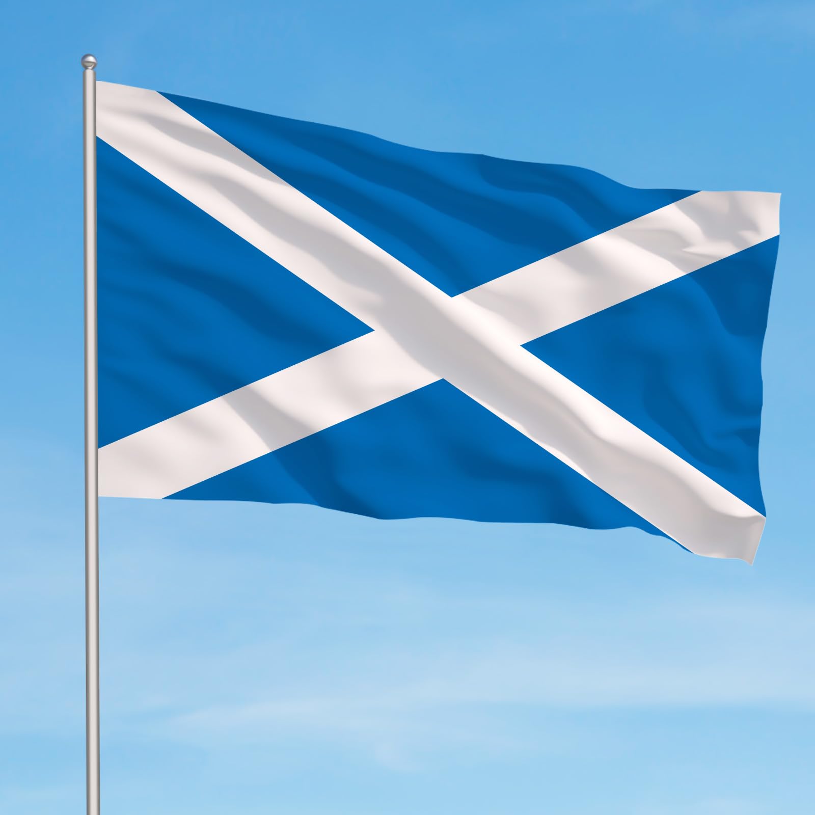 Two Scotland flags arranged for display at an outdoor event