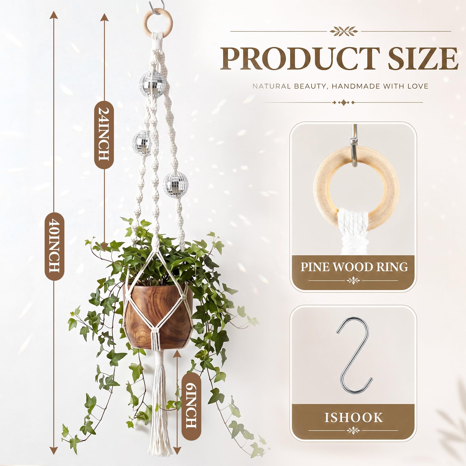Two Shappy Macrame Disco Ball Plant Hangers with S-shaped hooks included