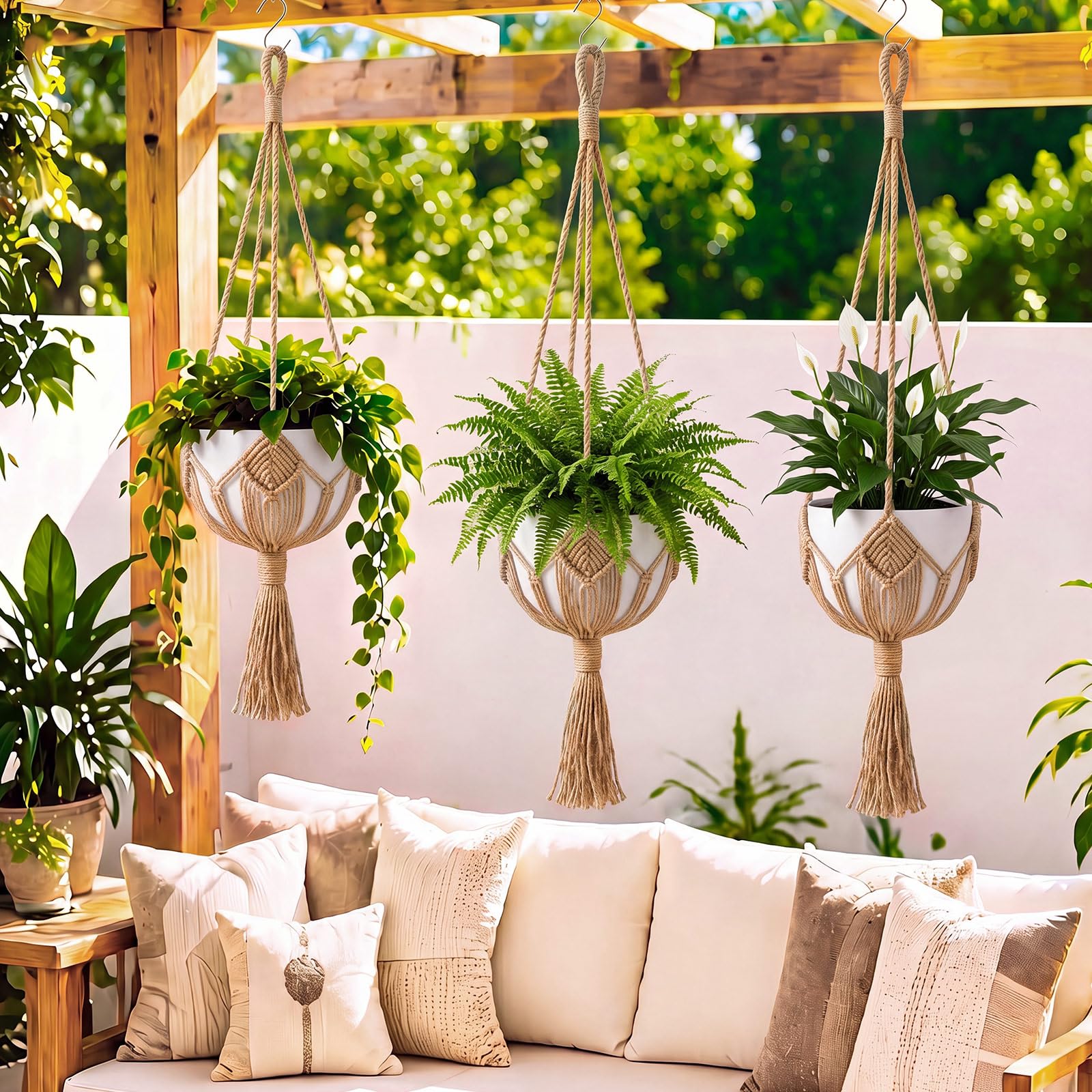 Two Shappy macrame plant hangers in a cozy home setting