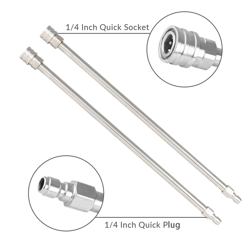 Two Sooprinse stainless steel extension wands arranged