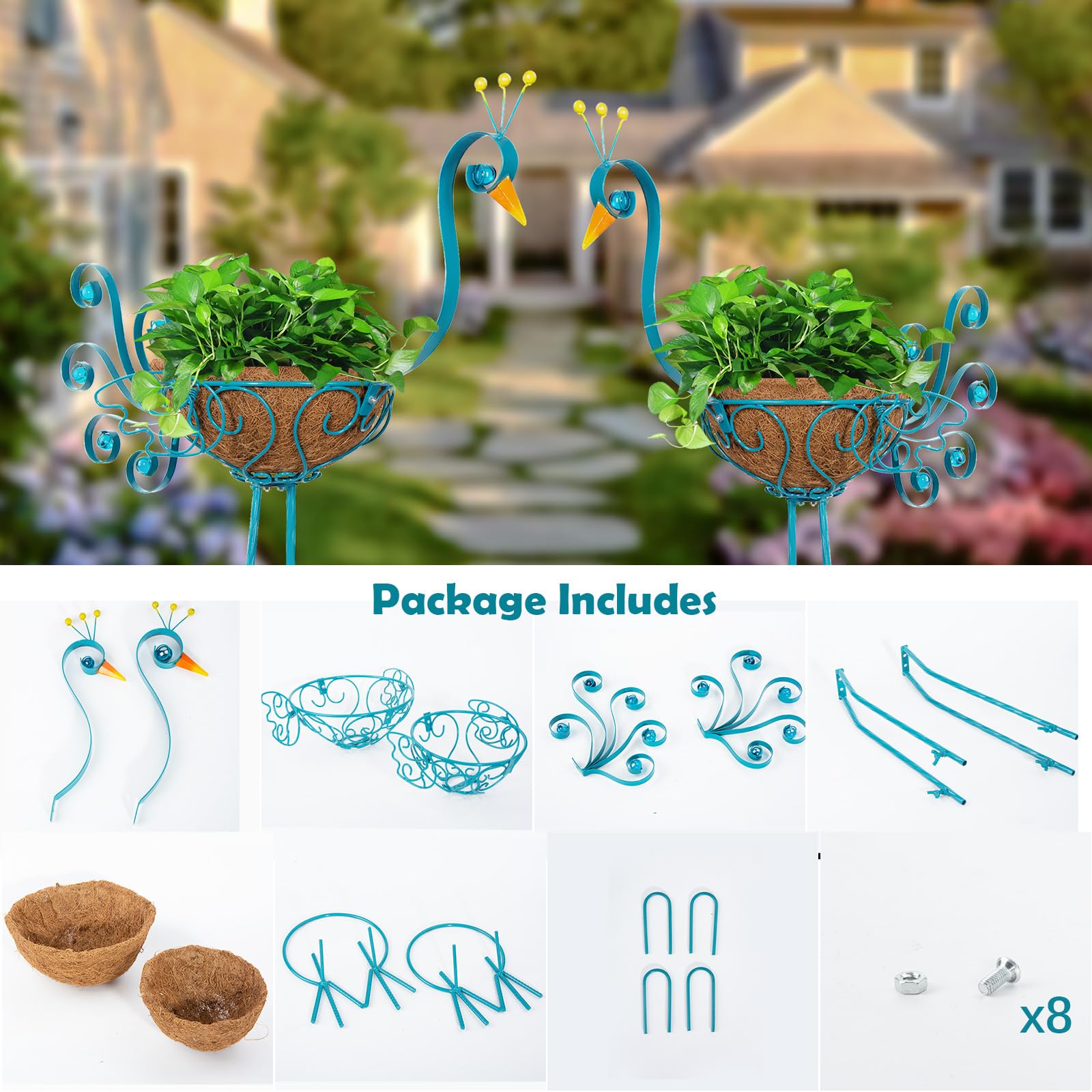 Two SUNREEK blue peacock planters displayed on patio