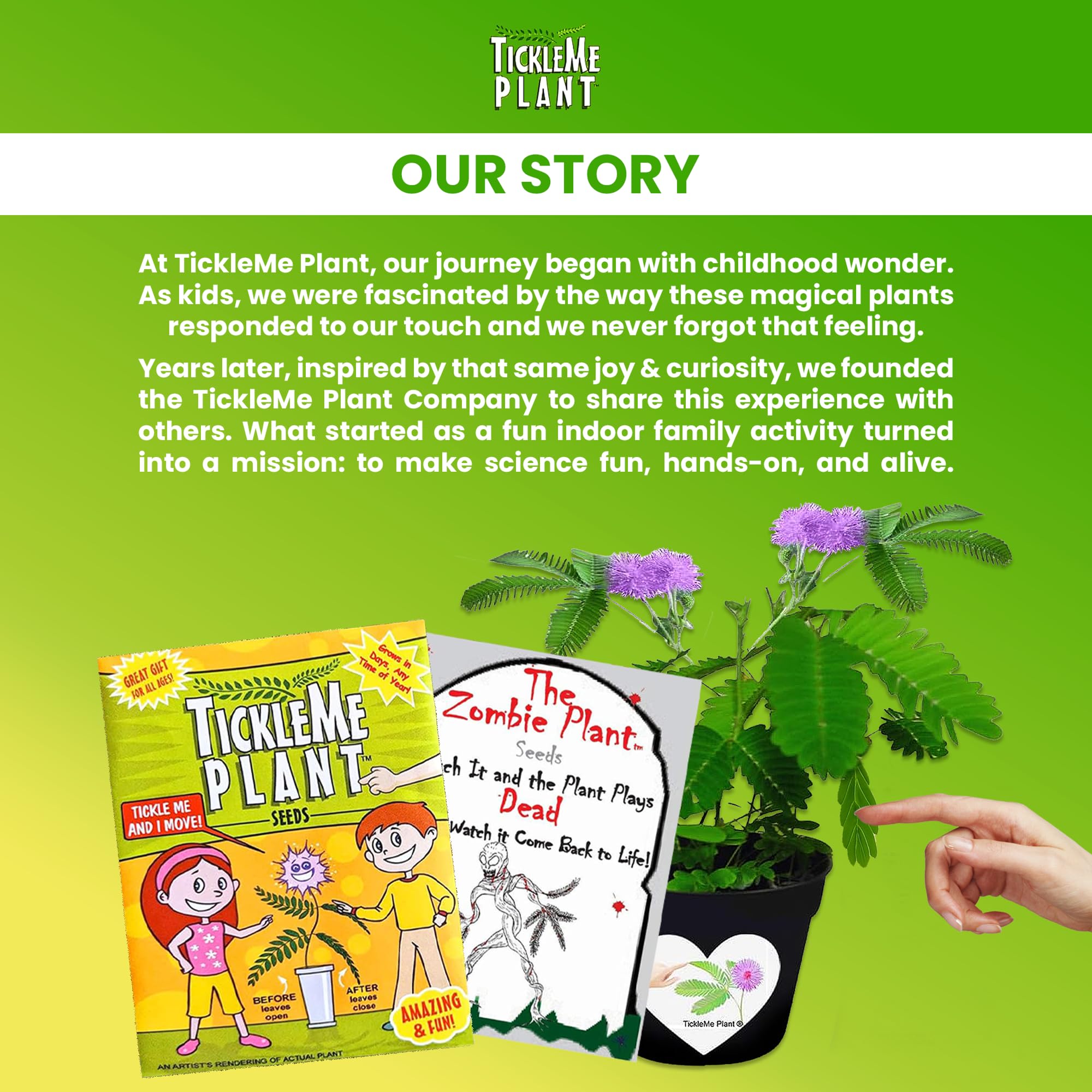 Two TickleMe Plant seed packets with activity card