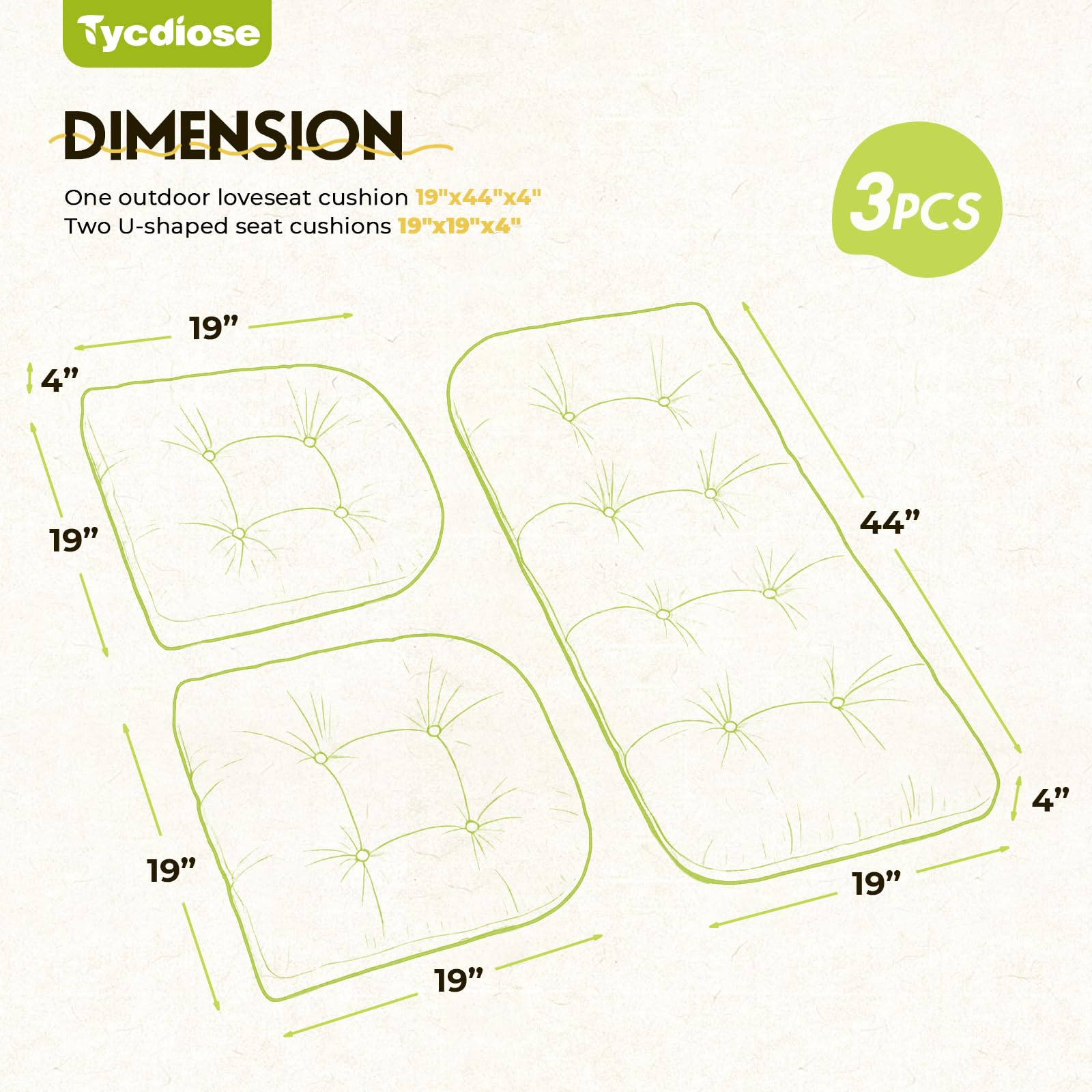 Two U-shaped cushions from Tycdiose, each measuring 19x19 inches