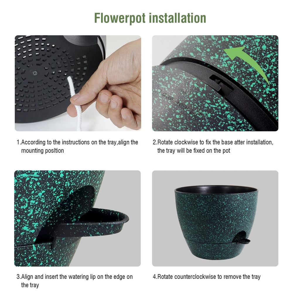 Two WSMKSZ self watering pots on a patio with flowers