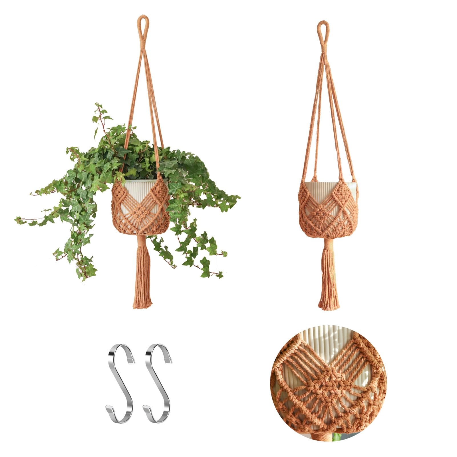 Two XINBOR macrame plant hangers with hooks on display