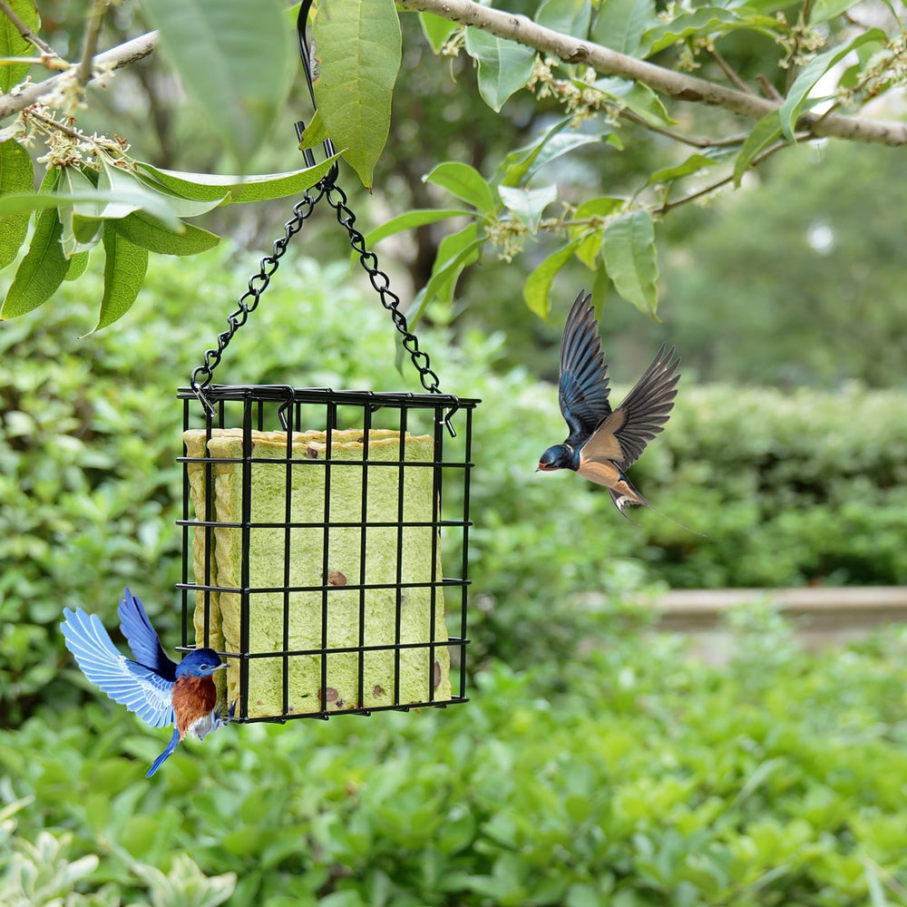 Two Yojanner suet cage feeders side by side