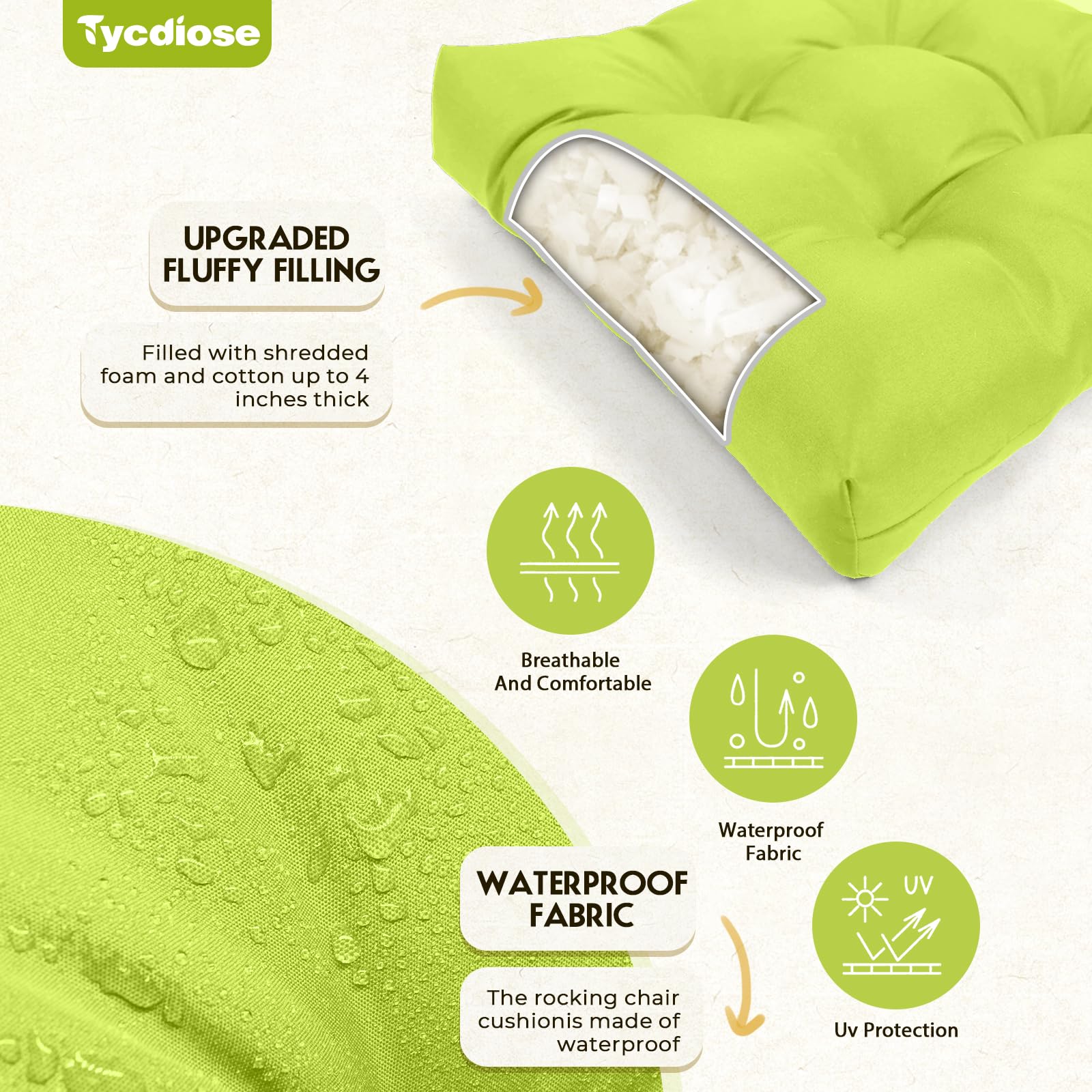 Tycdiose cushion set displayed on patio furniture, light green