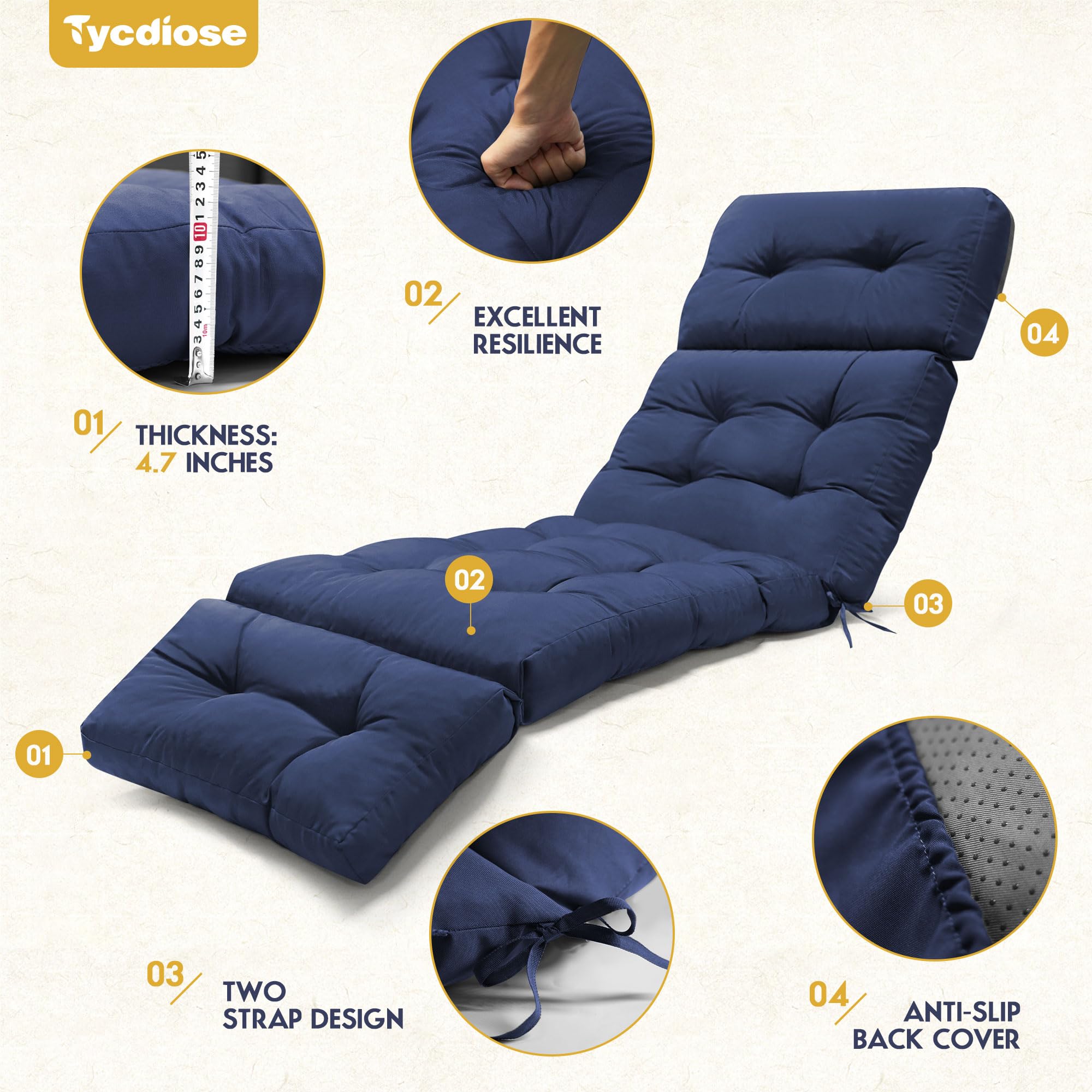 Tycdiose Outdoor Chaise Lounge Chair Cushion with straps visible