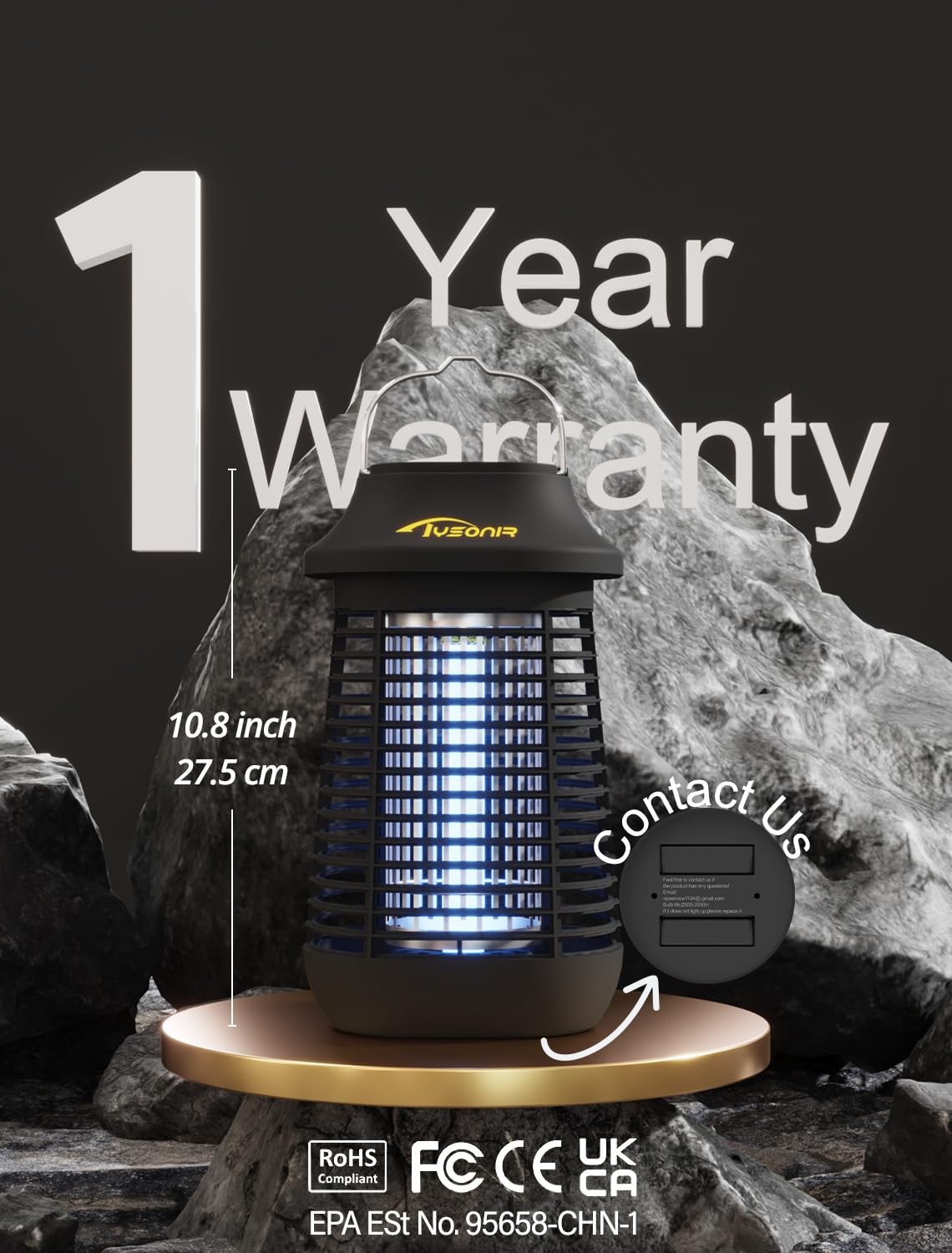 Tysonir Bug Zapper 4200V side view with hanging hook