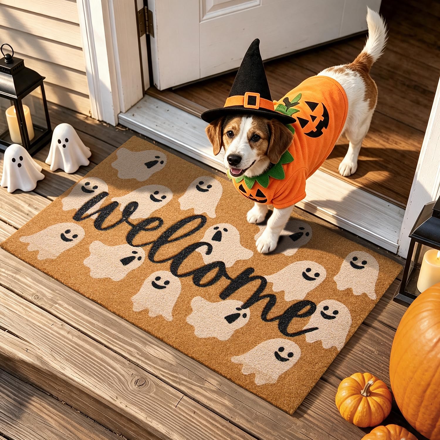 TYUU Halloween Door Mat being cleaned with a vacuum