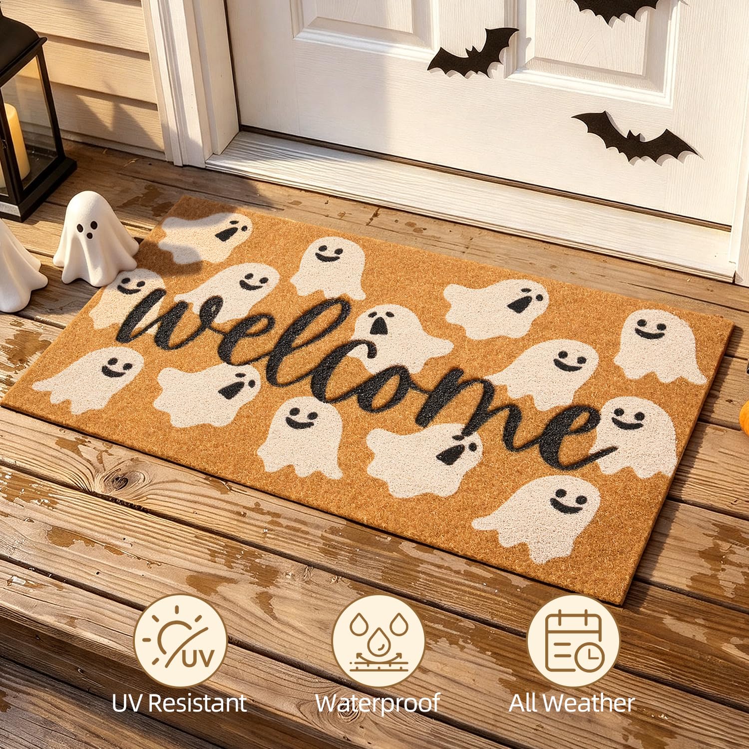 TYUU Halloween Door Mat in a festive outdoor decoration setup