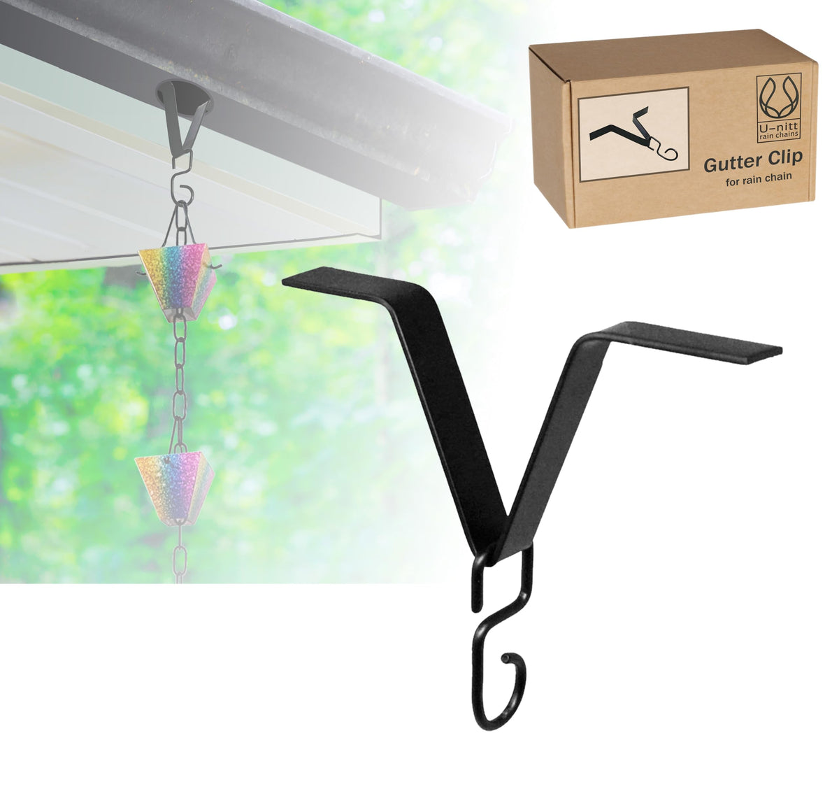 U-nitt Gutter Clip front view, black powder coated finish