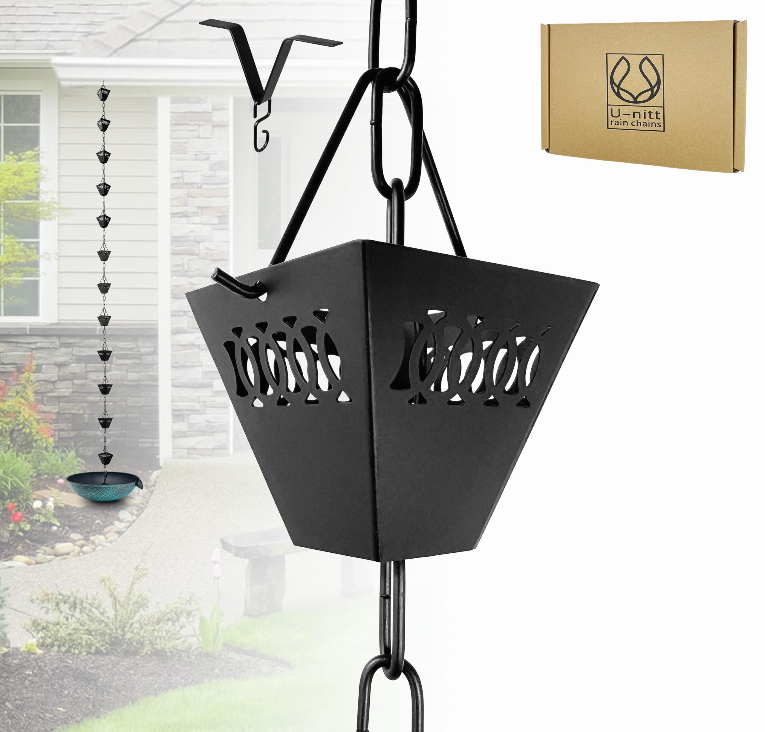U-nitt Rain Chain 8.5 FT black square cups front view