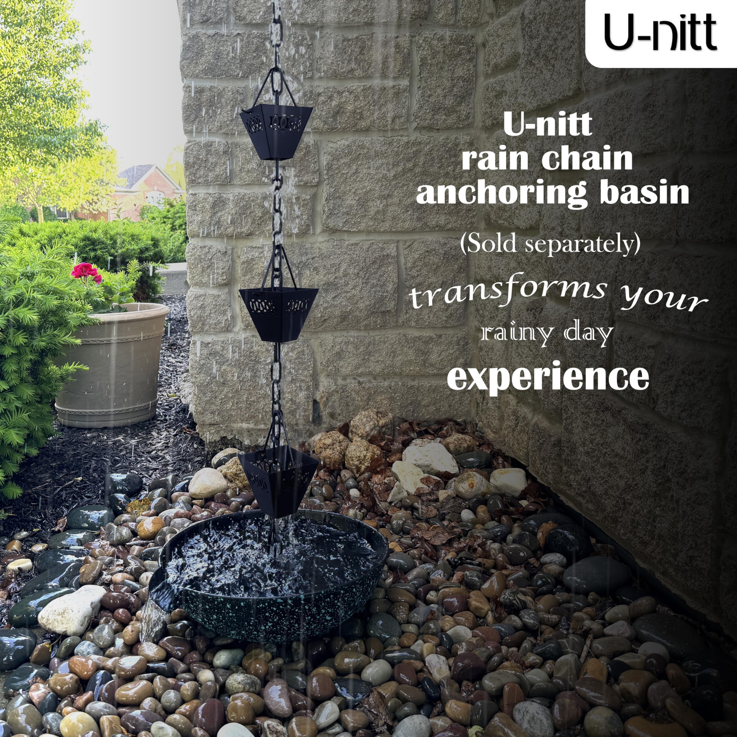 U-nitt Rain Chain in garden setting