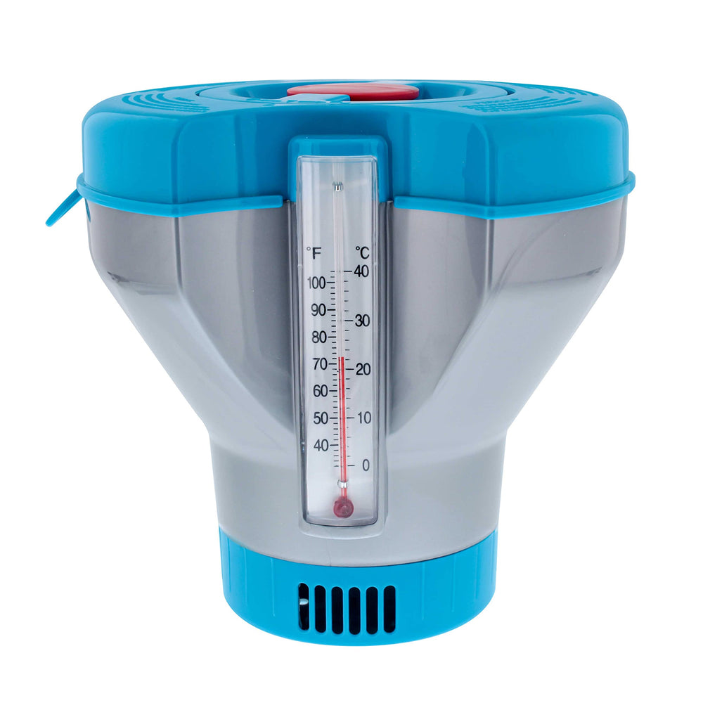 U.S. Pool Supply Deluxe Chlorine Floater Dispenser front view with tablets