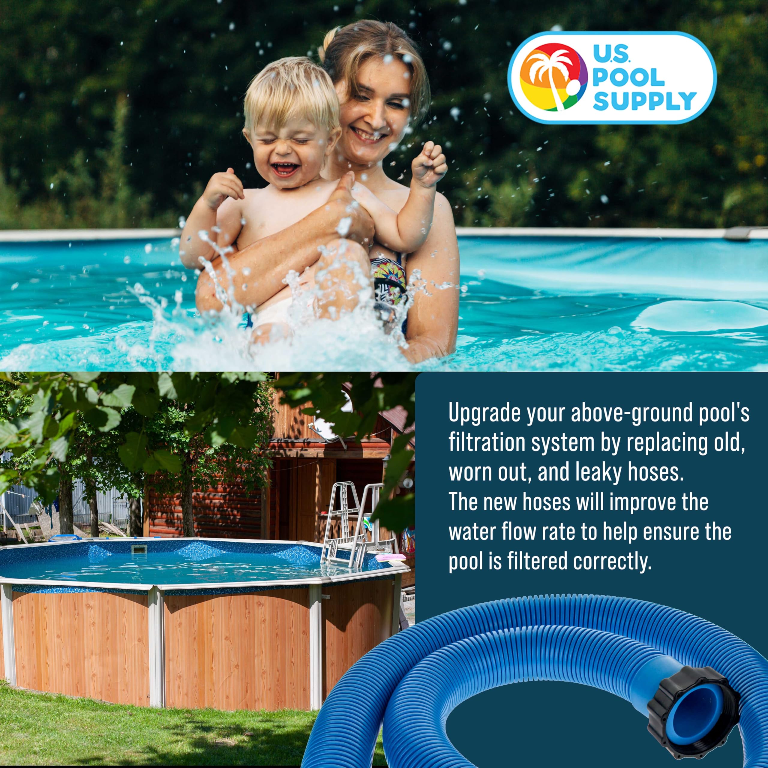 U.S. Pool Supply hoses in outdoor pool setting