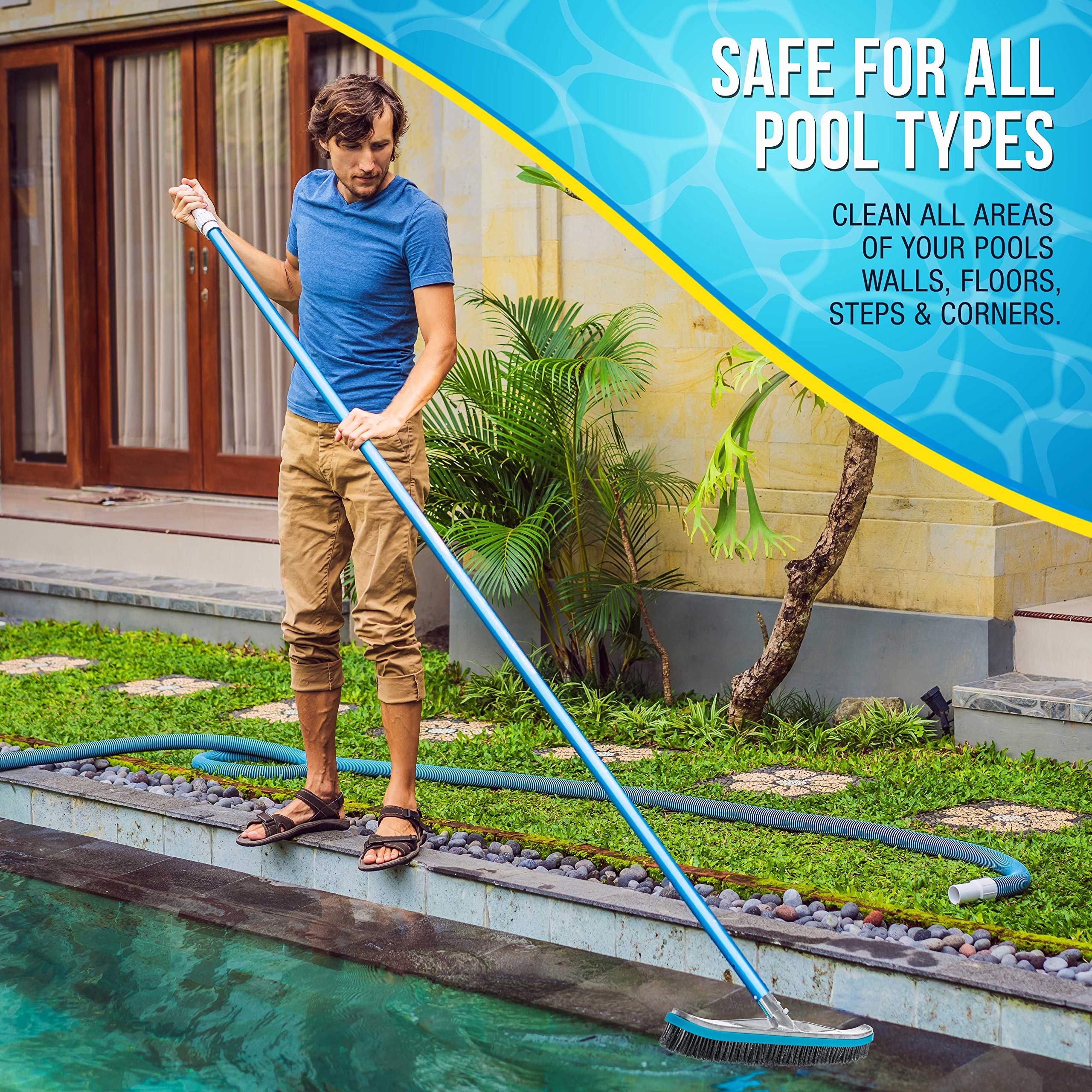 U.S. Pool Supply pool brush head placed against a pool tile background