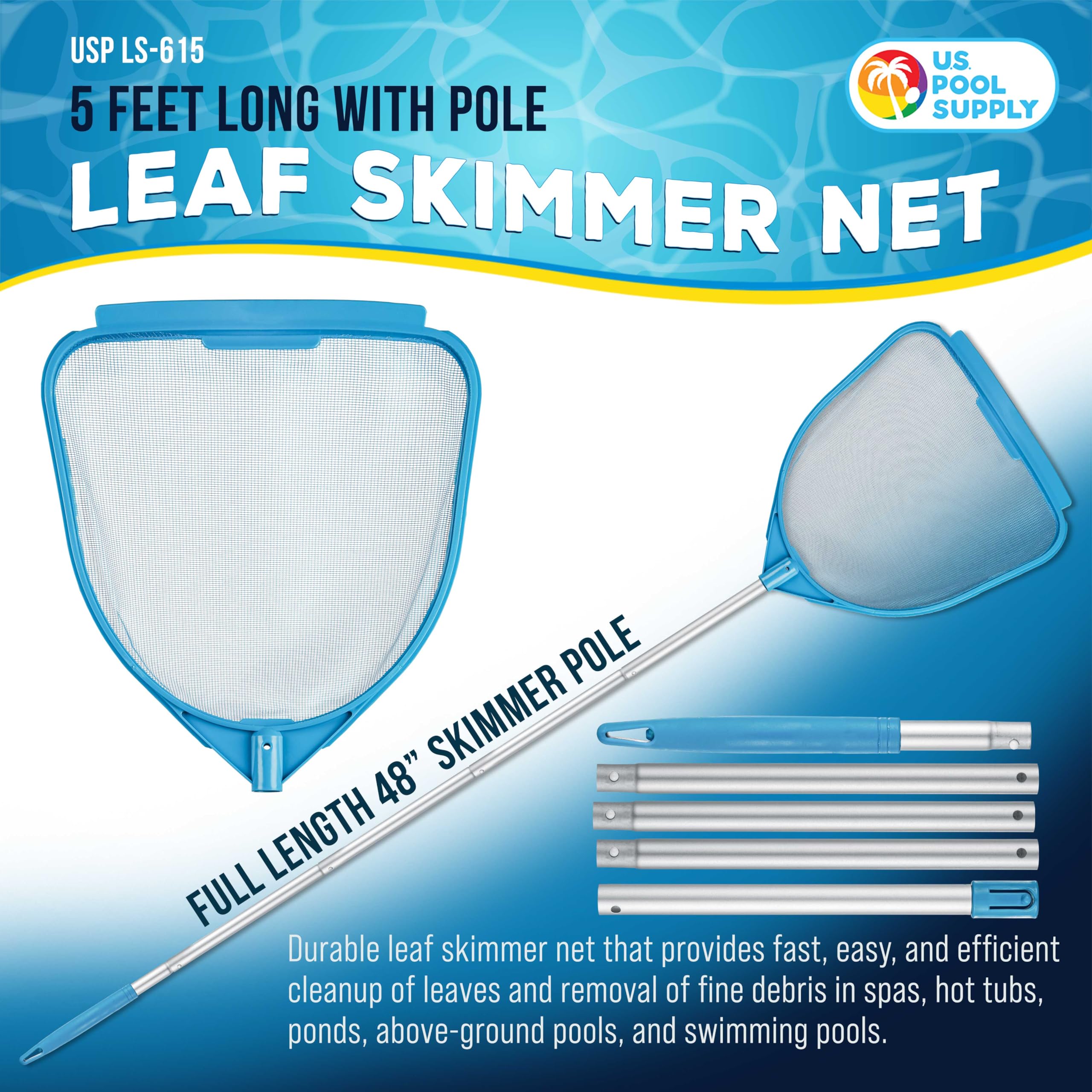 U.S. Pool Supply Skimmer Net with adjustable pole in use