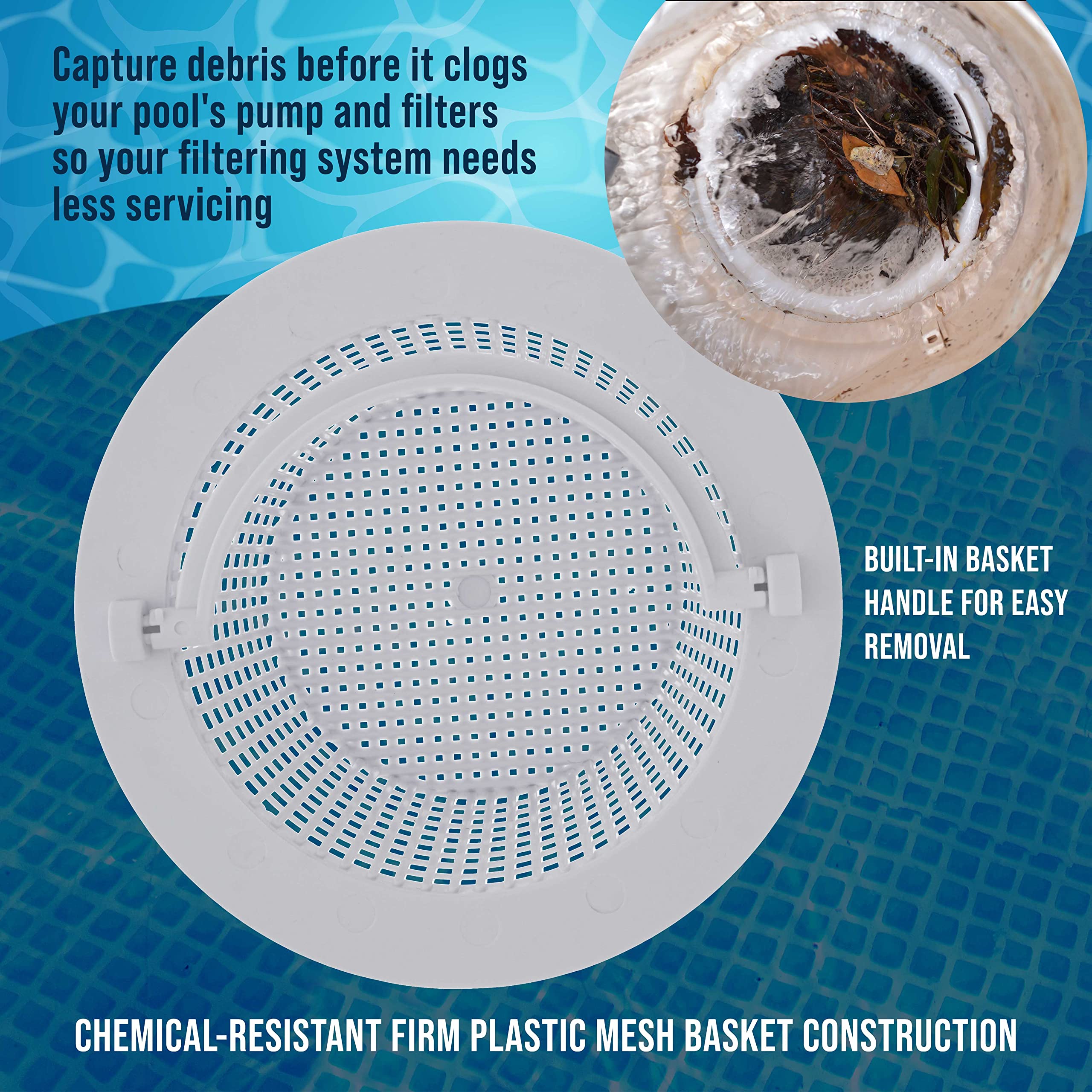 U.S. Pool Supply Thru-Wall Skimmer Baskets in use in a pool