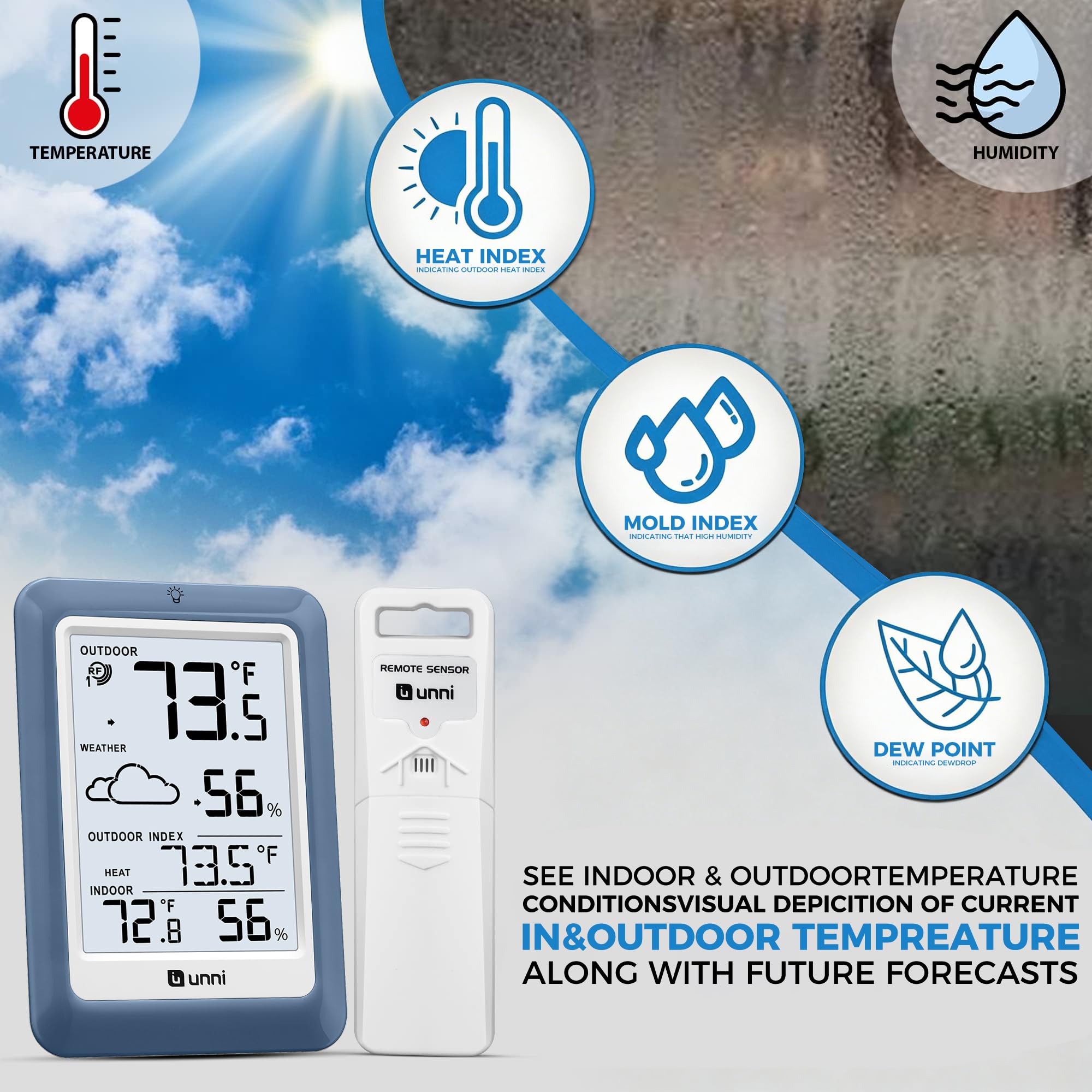 U UNNI thermometer mounted on a wall with backlight
