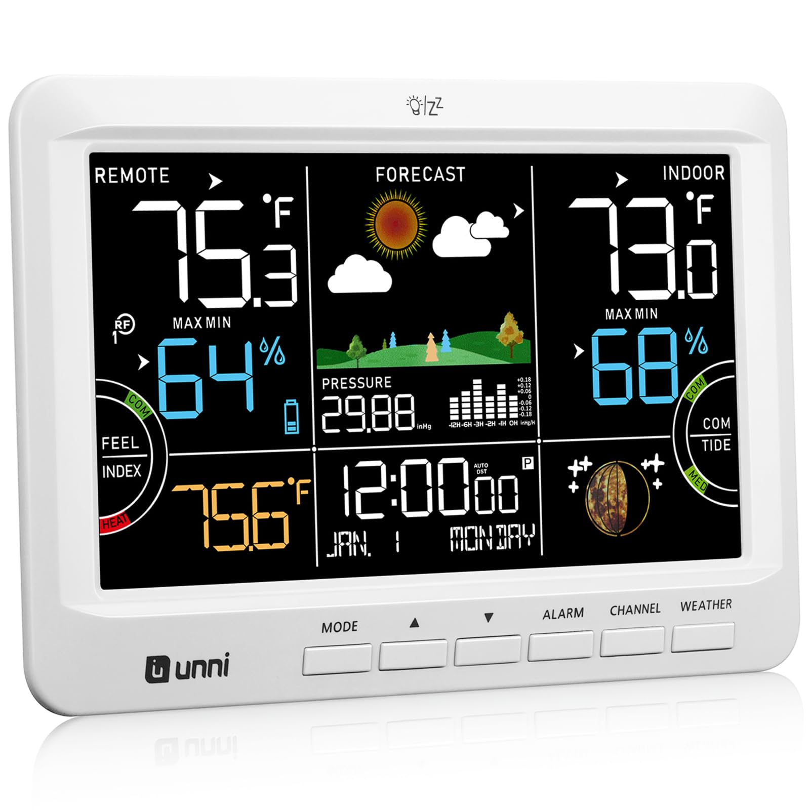 U UNNI Weather Station front view with display features