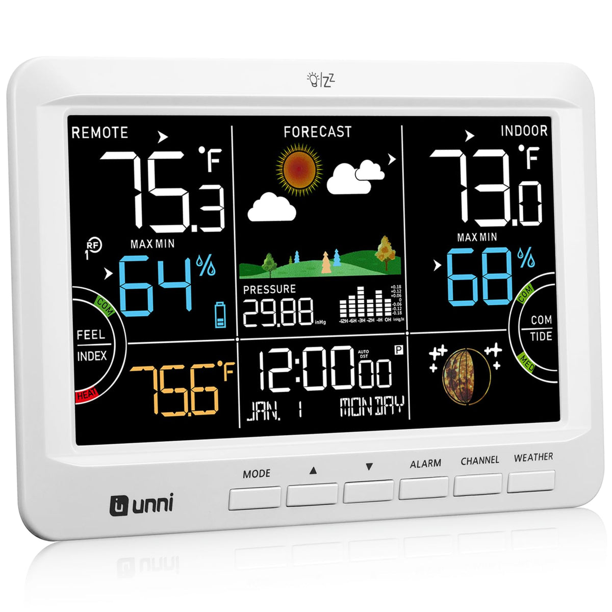 U UNNI Weather Station front view with display features