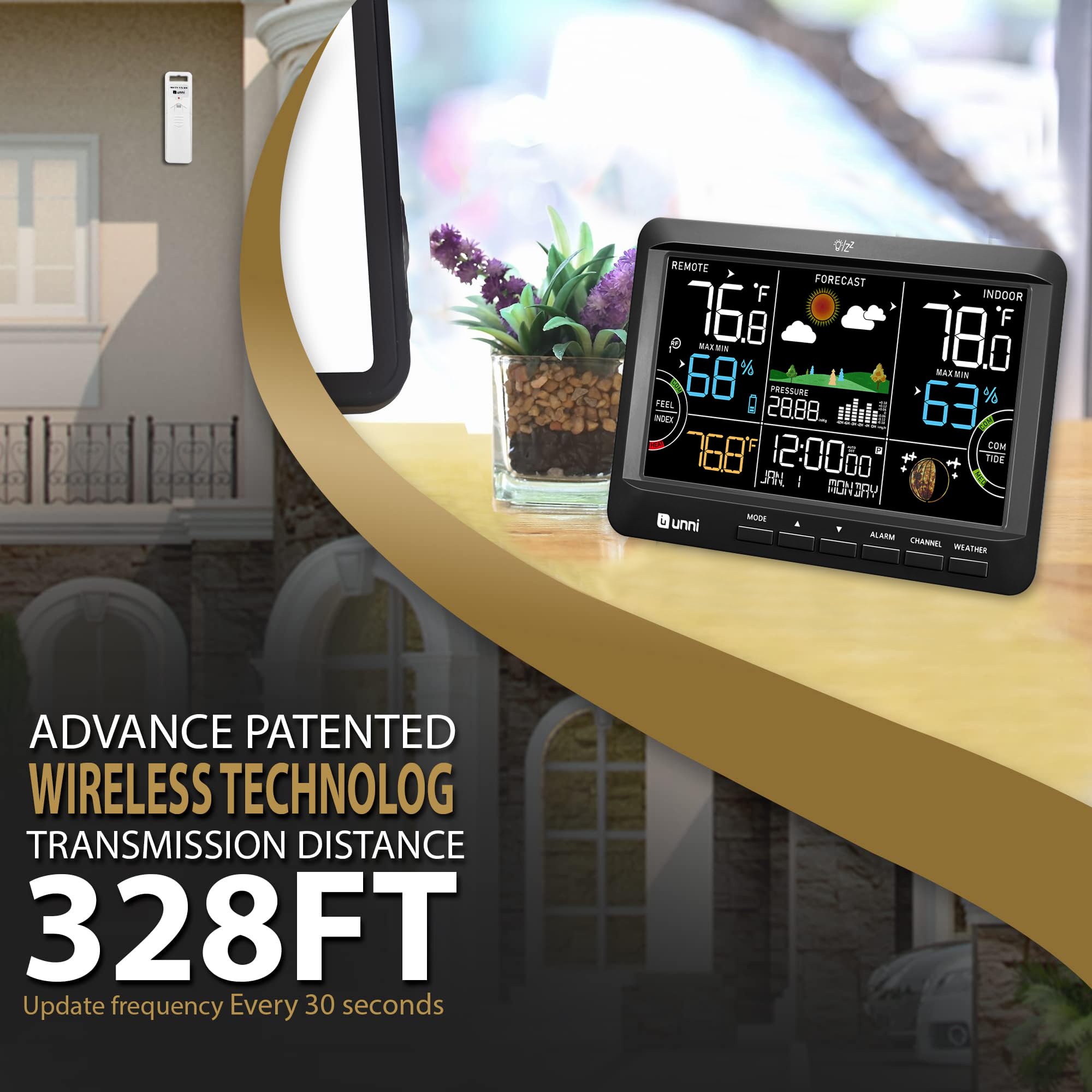 U UNNI Weather Station highlighting barometer reading