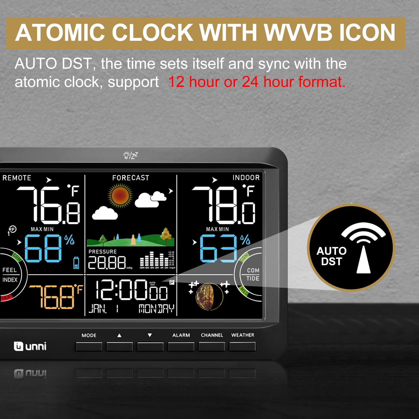 U UNNI Weather Station showing outdoor humidity levels