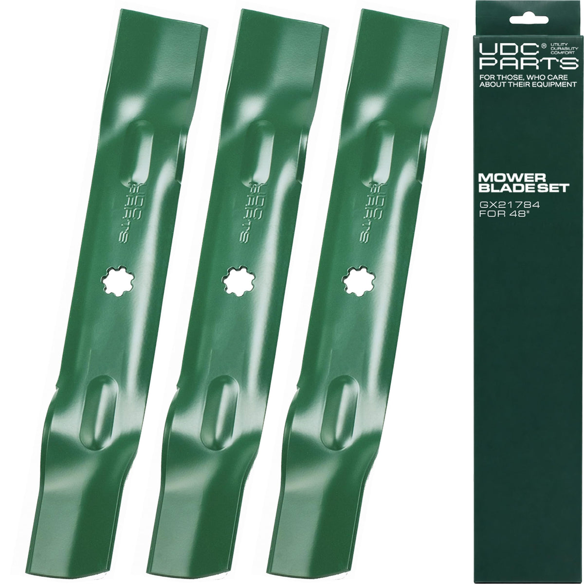 UDC Parts GY20852 mower blade front view with green finish