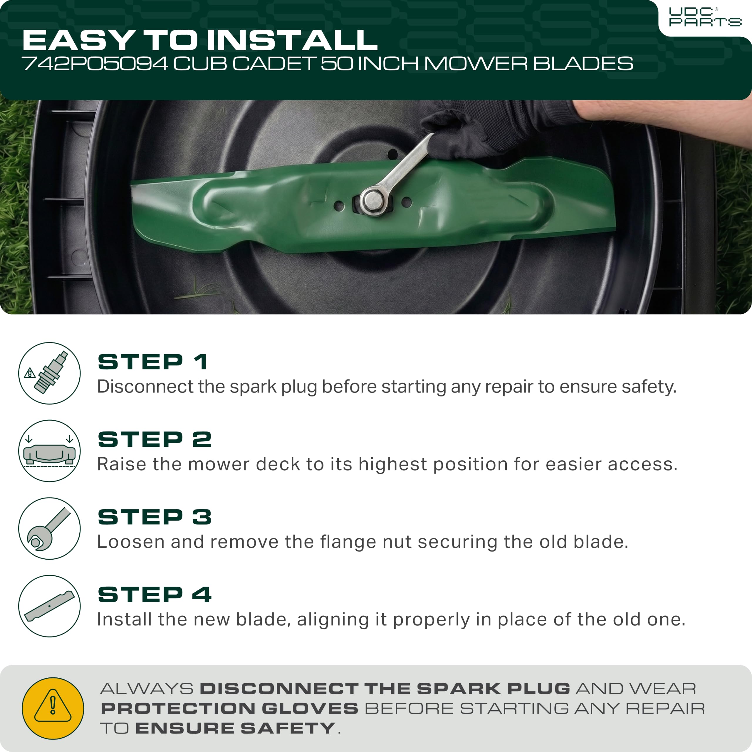 UDC Parts mower blade beside a measuring tape