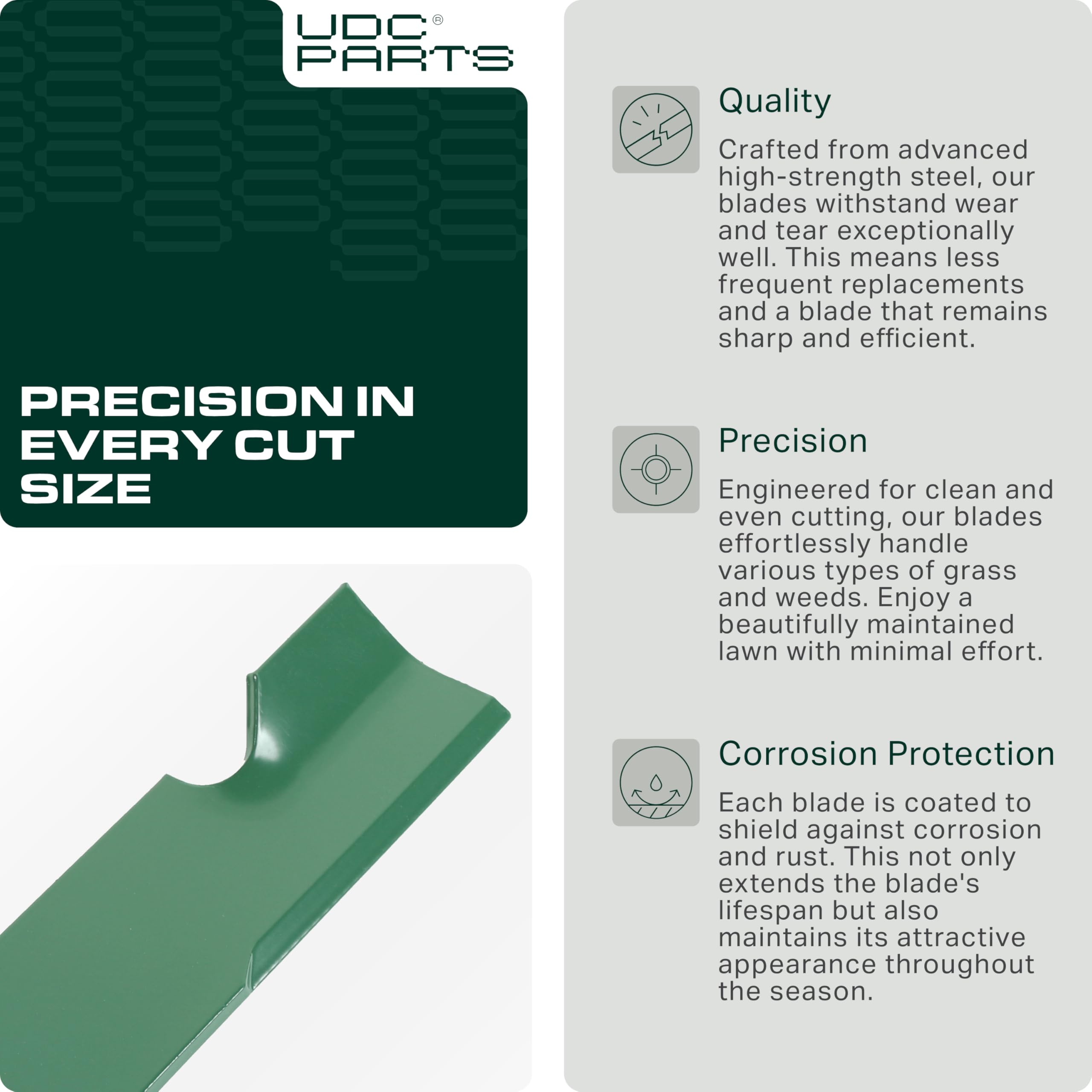 UDC Parts mower blades in green color with specifications
