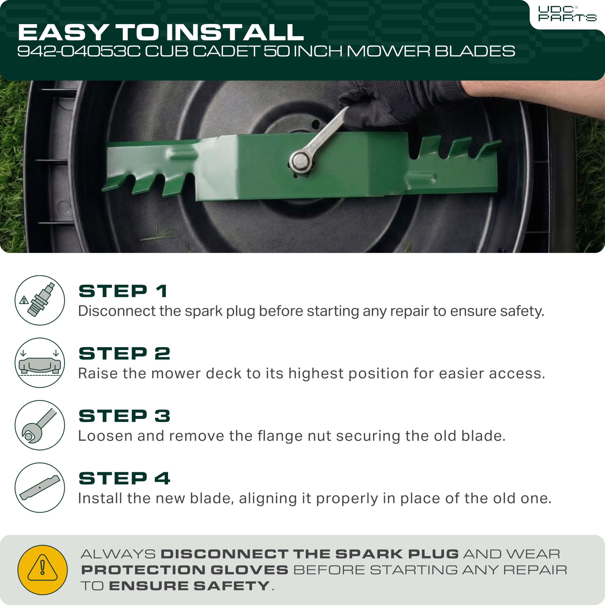 UDC Parts mower blades installed on a lawn mower