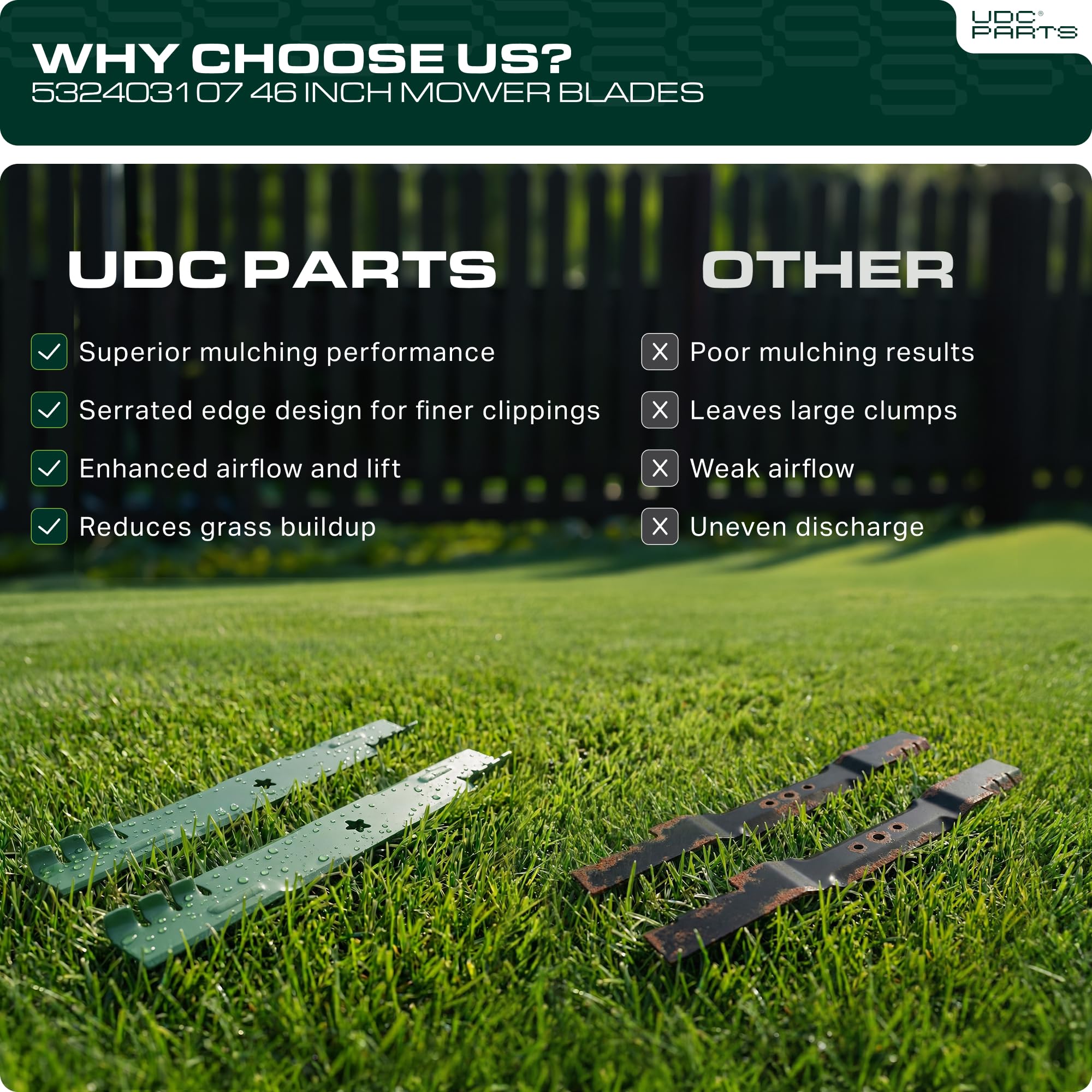 UDC Parts mower blades ready for installation on lawn mower