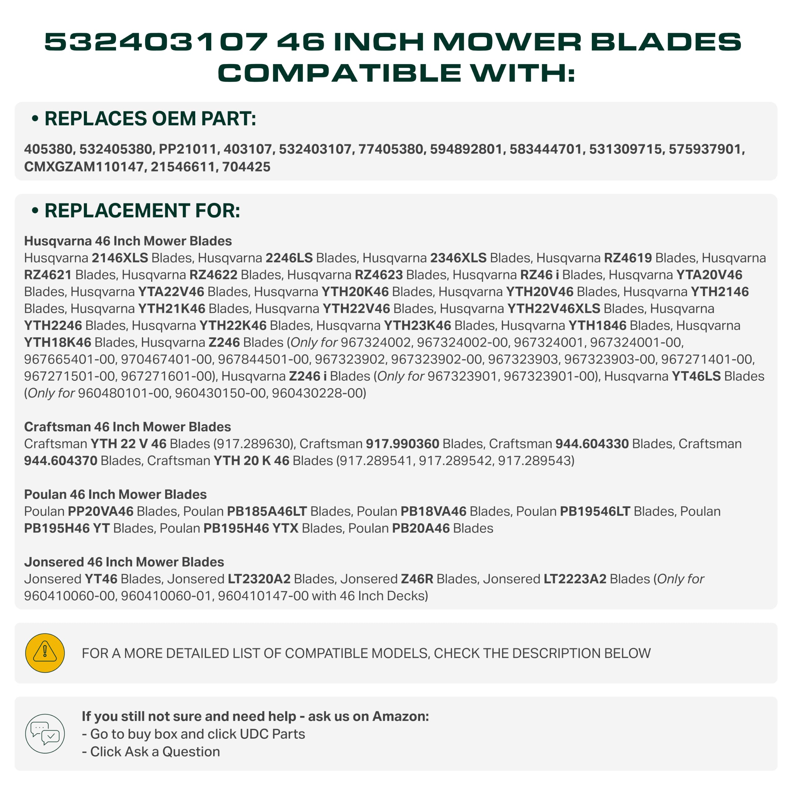 UDC Parts mower blades with compatibility list on display
