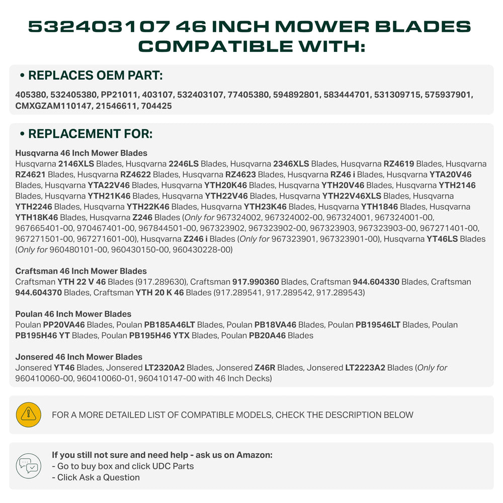 UDC Parts mower blades with compatibility list on display