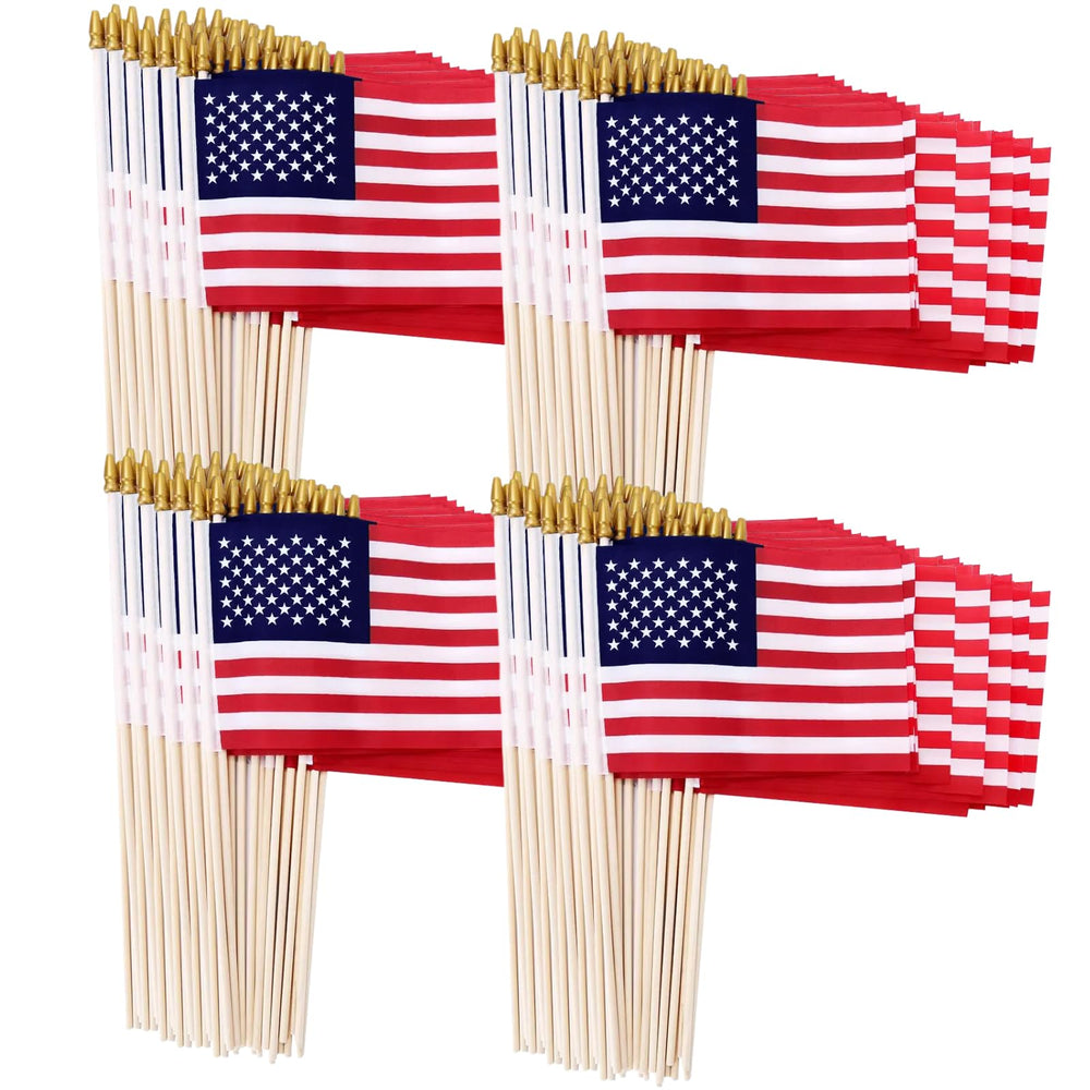 Uelfbaby 200 Pack Small American Flags 4x6 inch on wood staff