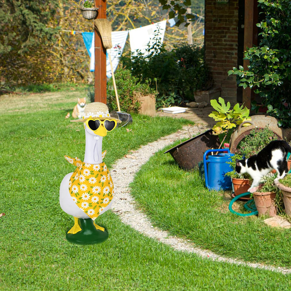 Ueyben Daisy Flower Goose Outfit with accessories on porch