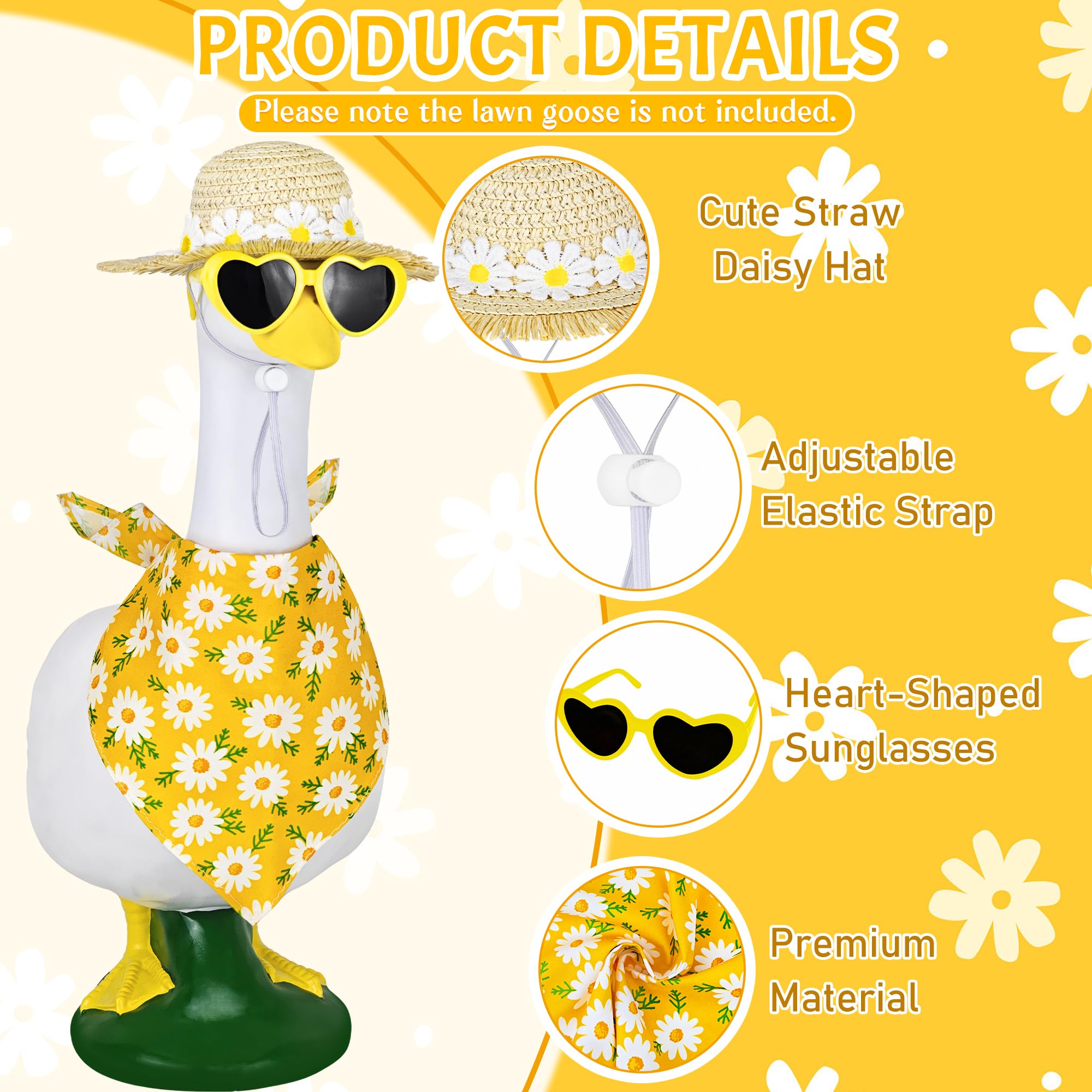 Ueyben Goose Outfit with heart-shaped sunglasses on lawn statue