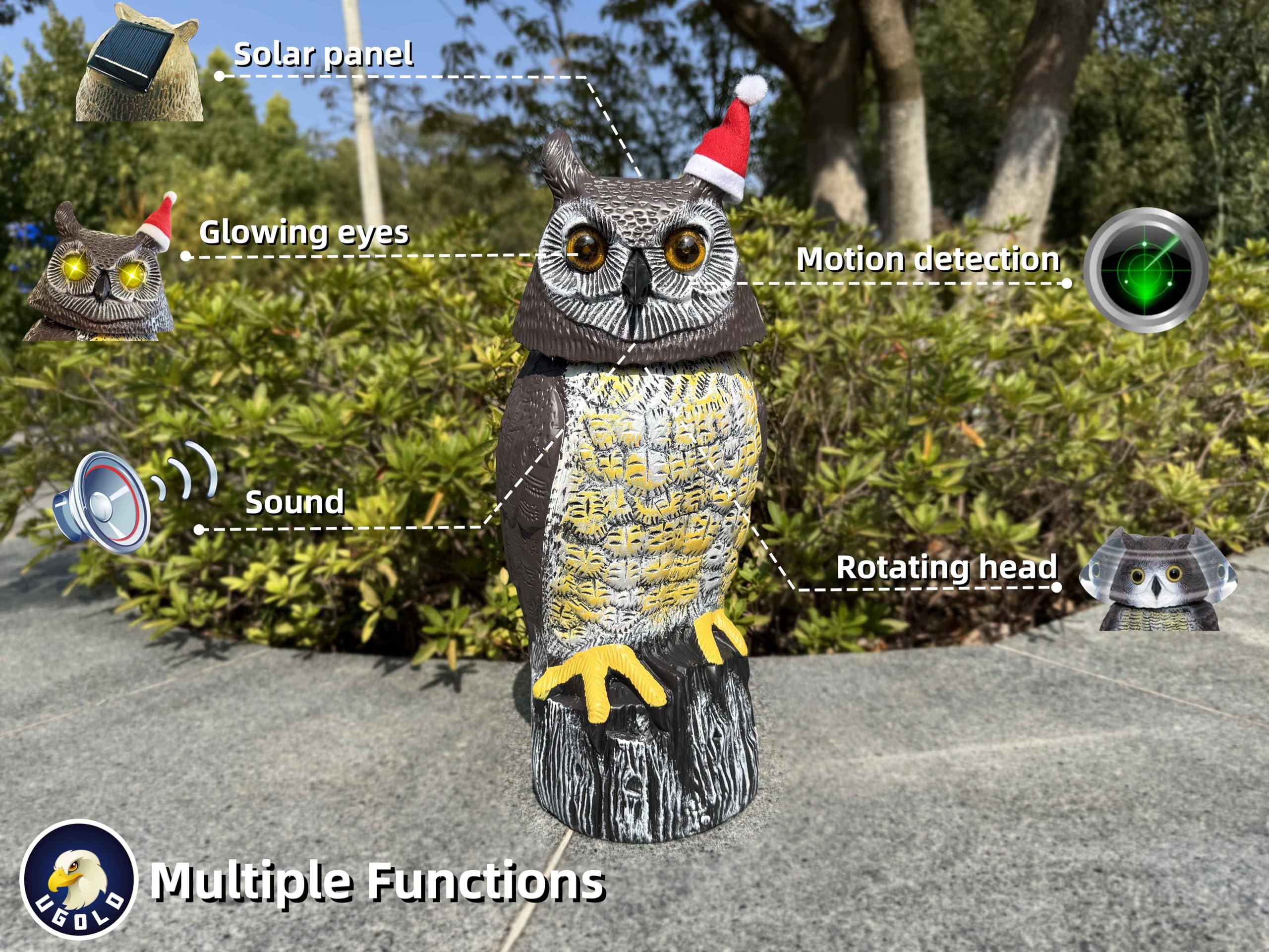 Ugold Owl statue side view showcasing rotating head