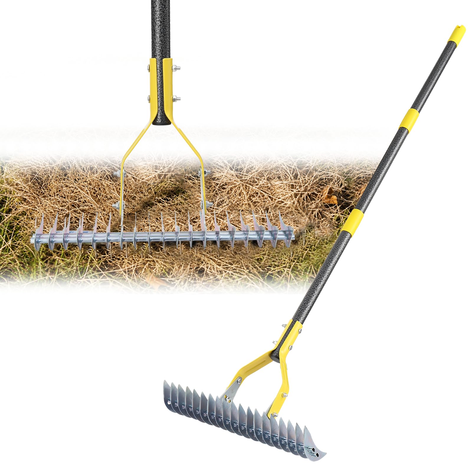 UIABOPZ 15-Inch Thatch Rake front view with steel tines