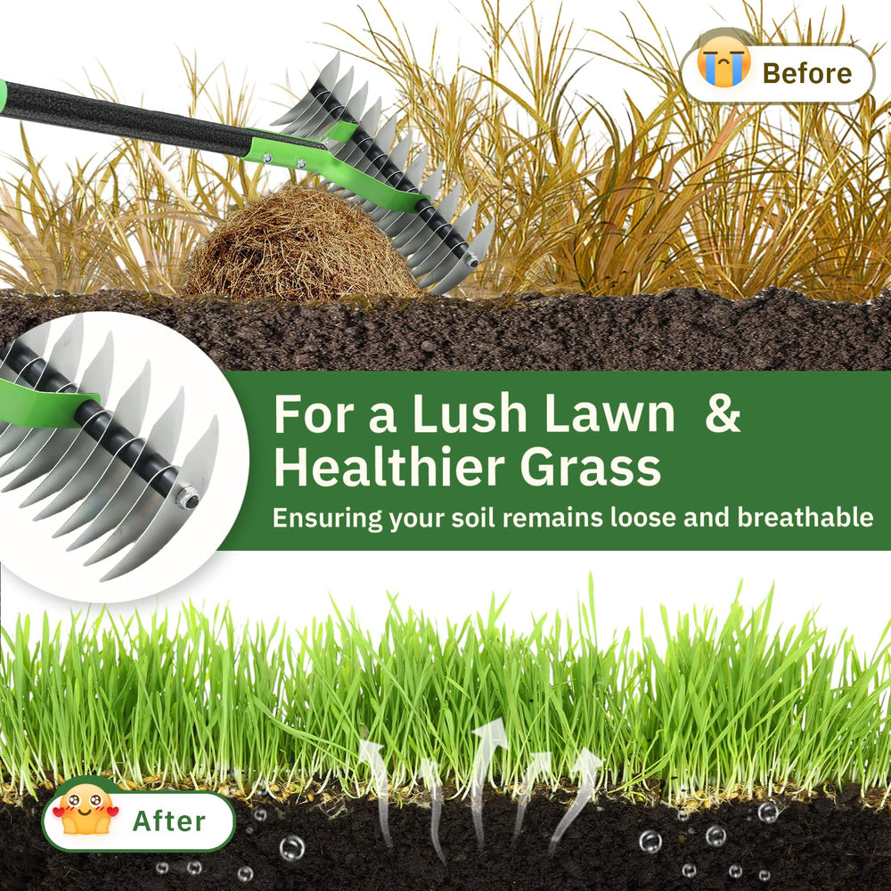 UIABOPZ Thatch Rake assembled with a view of the adjustable handle