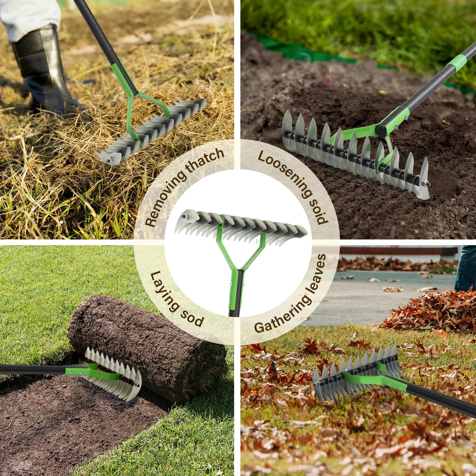 UIABOPZ Thatch Rake packed for storage, highlighting hanging feature